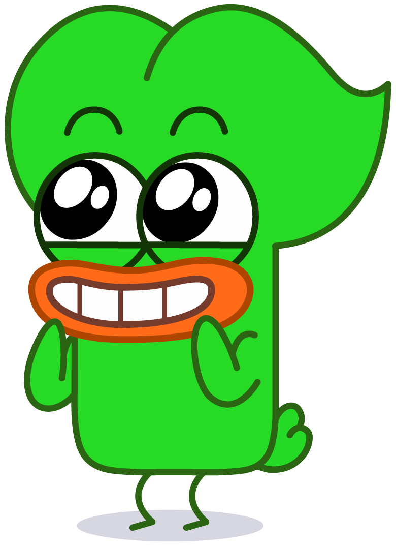 Swish the Boogie Bird with big eyes, a large head, and a big toothy smile, standing on two legs with short arms, with a black background.