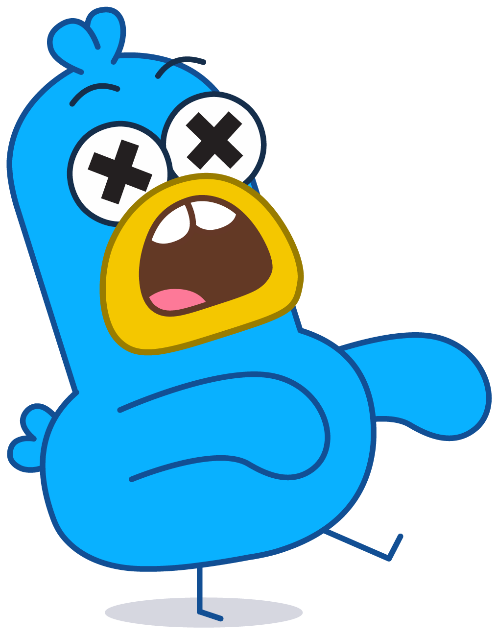 Crash the Boogie Bird character with a yellow beak, eyes with X's indicating he is injured, and a wide open mouth showing discomfort or shock, standing on one leg with a raised tail.