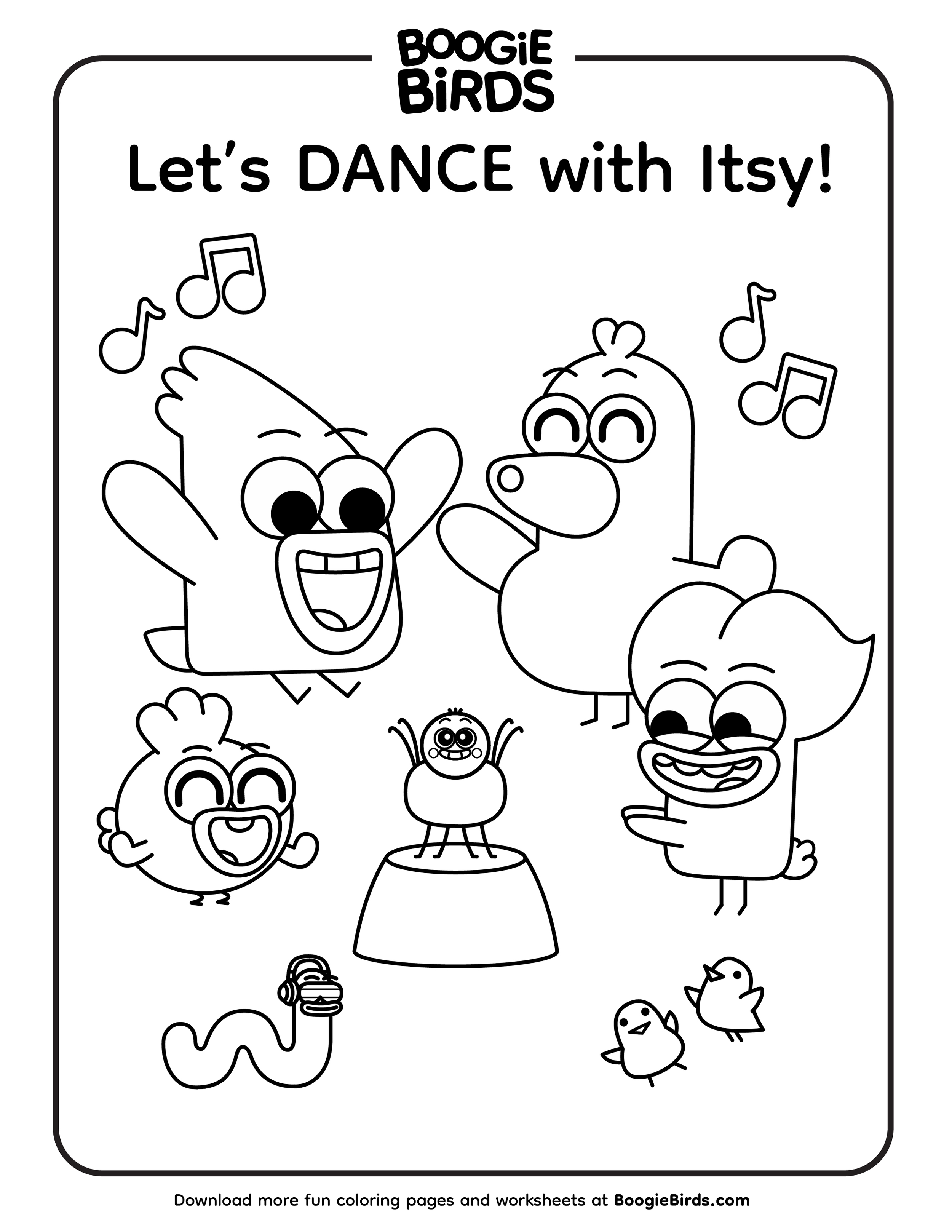 Black and white coloring page featuring cartoon birds from Boogie Birds dancing and singing, with musical notes, and small chicks near their feet.