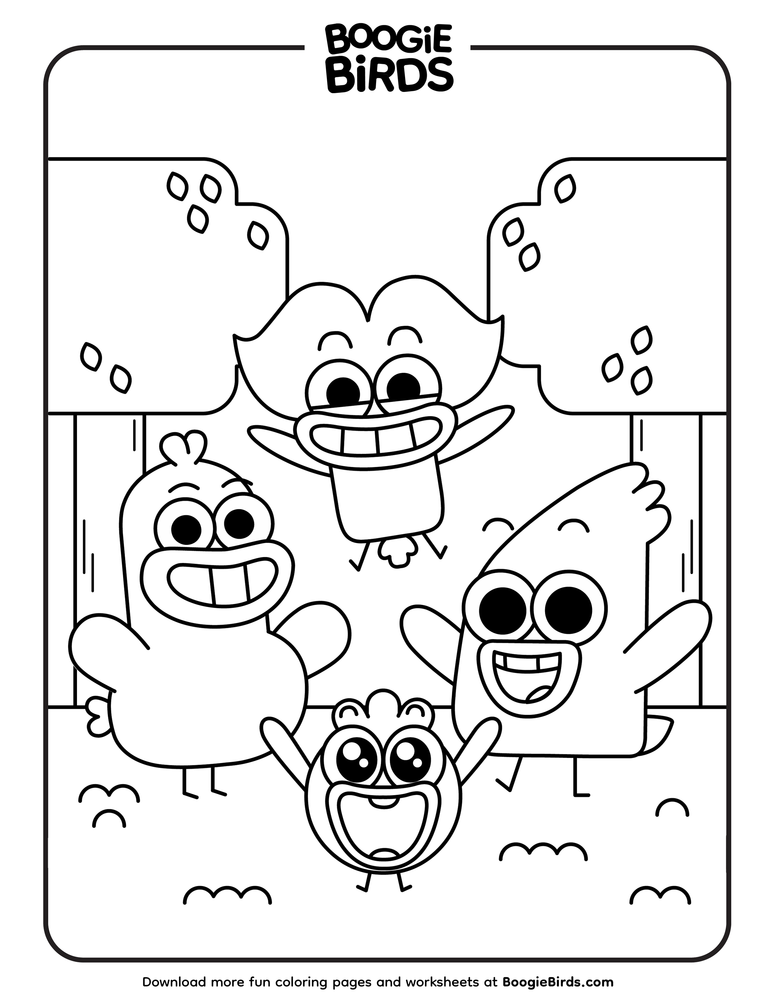 Coloring page featuring cartoon birds from Boogie Birds, with four birds smiling and raising their wings, set in front of trees.