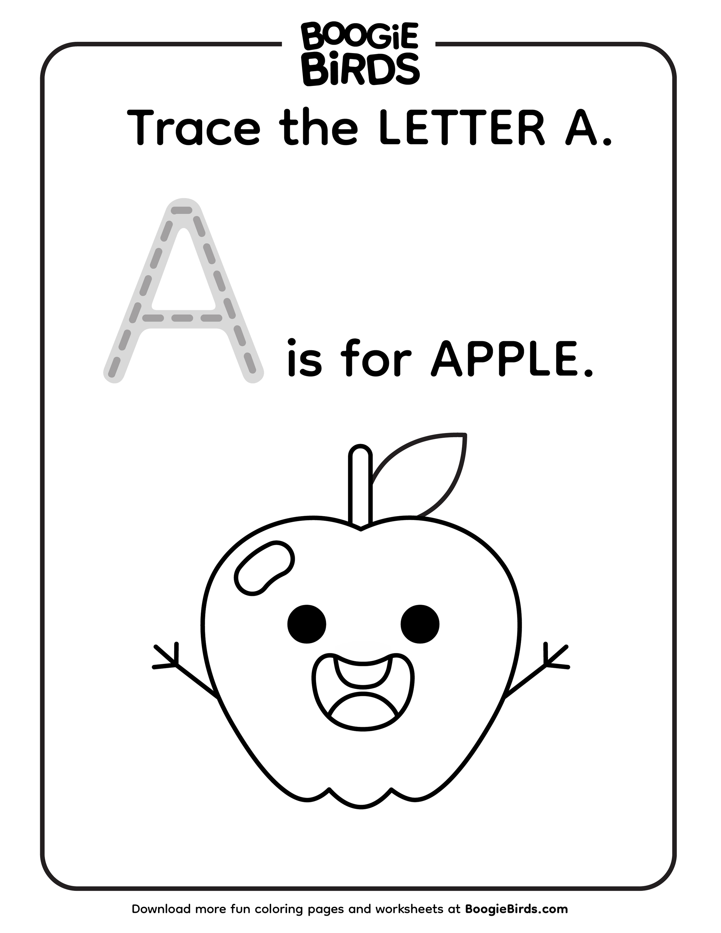 A children's coloring worksheet featuring a cartoon apple with a happy face, outstretched arms, and a leaf on top. It includes the letter 'A' with dotted lines for tracing and the phrase 'is for APPLE.'