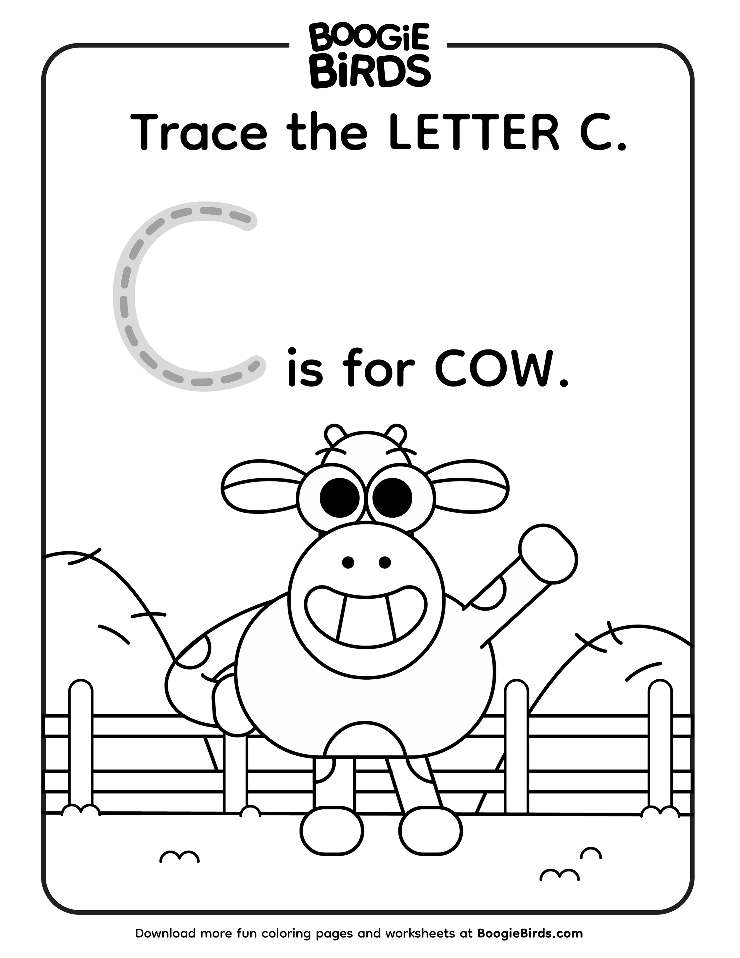 Black and white children's coloring page featuring a cartoon cow outside with a fence and rolling hills in the background. The page has the title 'Trace the LETTER C.' and shows an outlined letter 'C' with dotted lines for tracing. Text on the page reads 'C is for COW.'