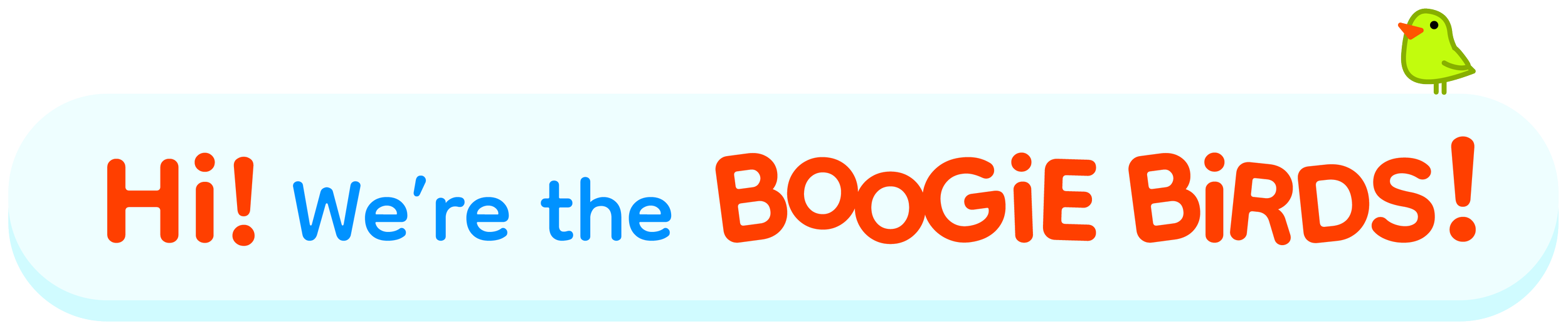 Colorful sign with the text 'Hi! We're the BOOGIE BIRDS!' and a green bird illustration on the top right corner.