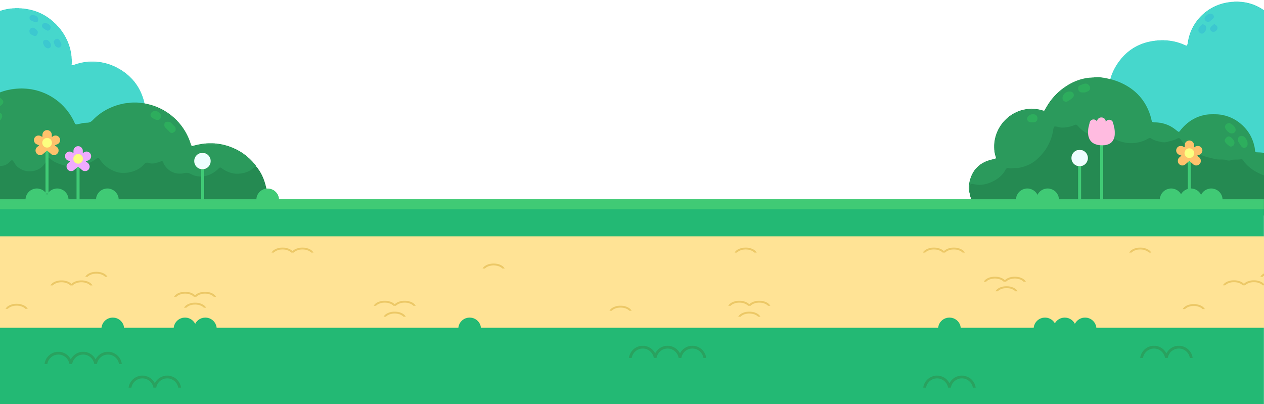 Simple outdoor scene with green bushes, flowers, and a sandy path or road.