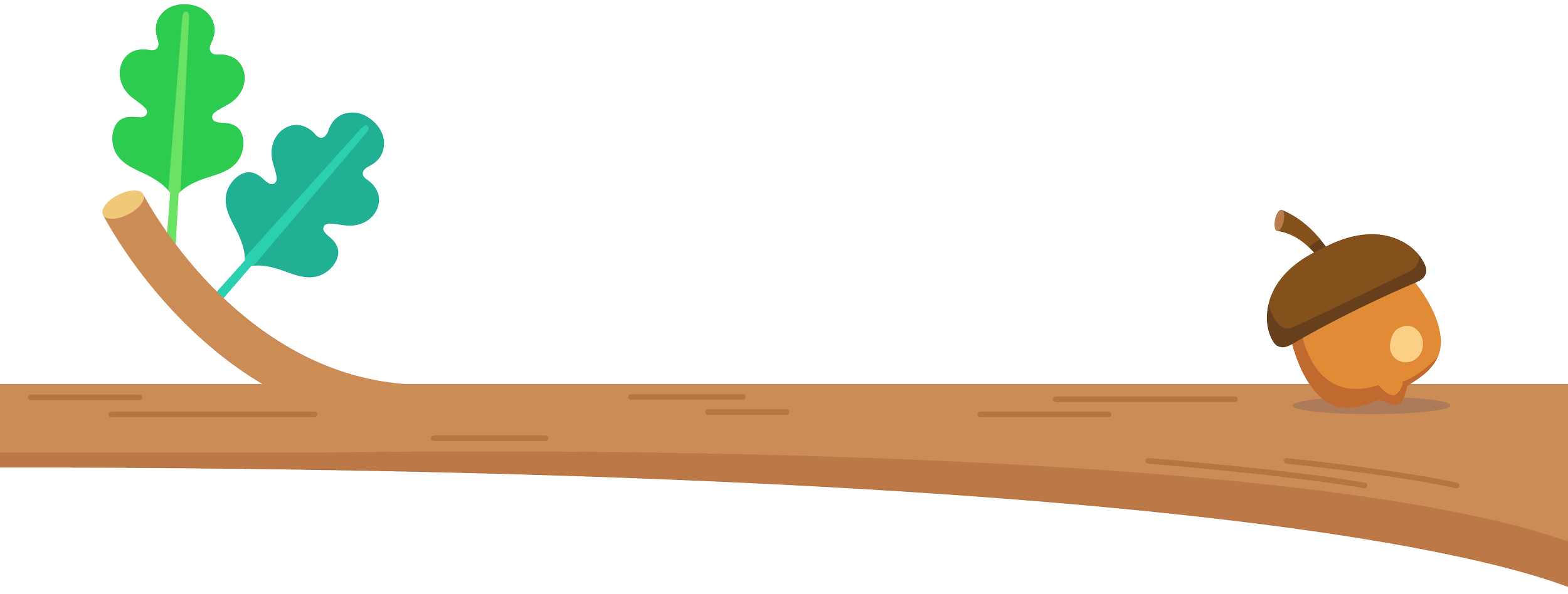 Decorative illustration of a tree branch with leaves and a small acorn, with a blank space in the center for text.