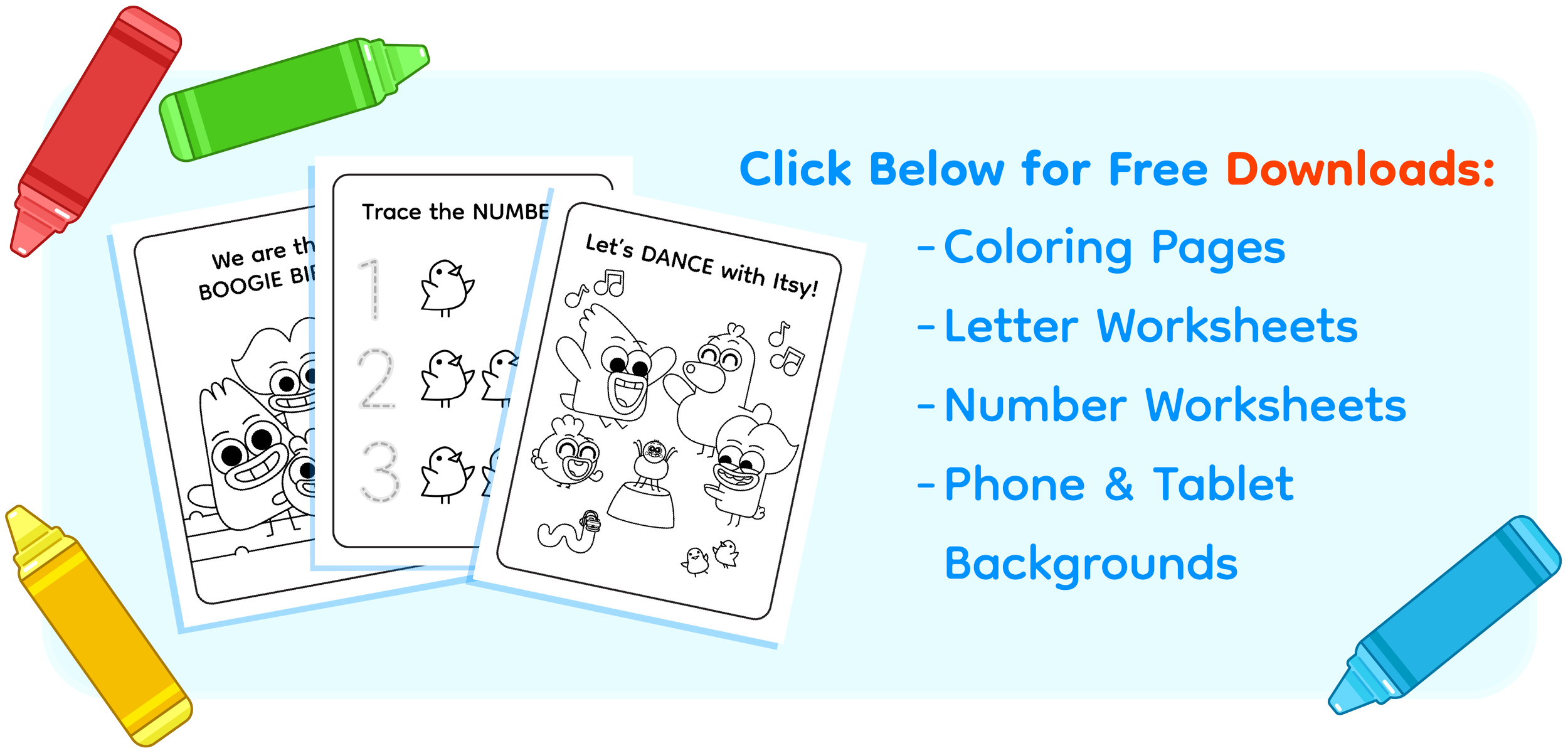 Image advertising free downloadable educational resources including coloring pages, letter worksheets, number worksheets, and backgrounds, with illustrations of coloring markers and sample worksheets featuring cartoons and activities for children.