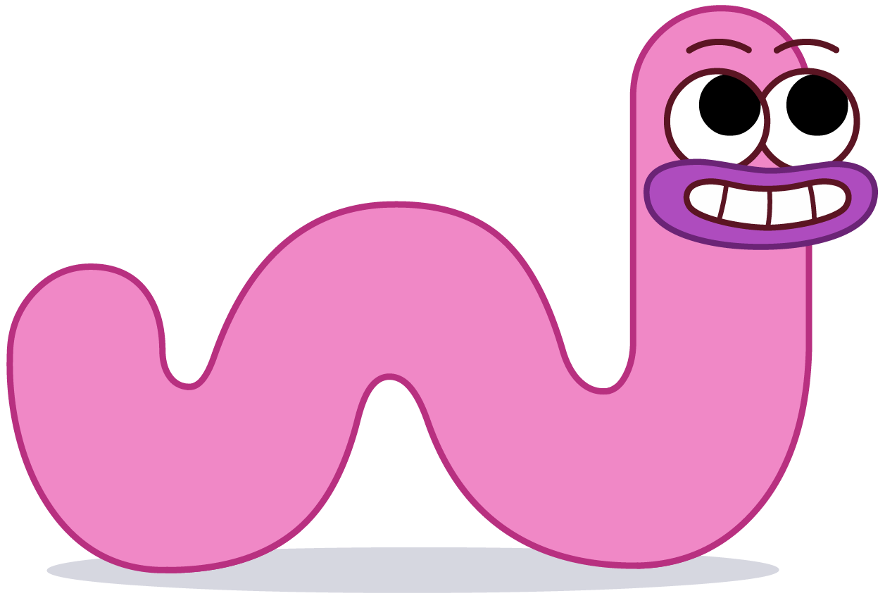 Boogie Birds worm cartoon illustration of the letter 'W' with a pink, worm-like character with large eyes, purple lips, and a big smiling mouth.