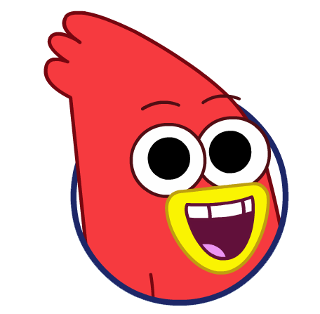 Flap the Boogie Bird, smiling, bird-like character with big eyes, a wide open beak, and an expressive, happy face.