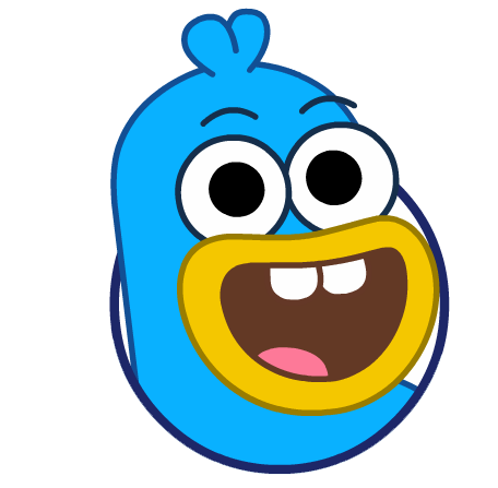Crash the Boogie Birds cartoon bird character with wide eyes and an excited expression, showing its mouth with two front teeth.