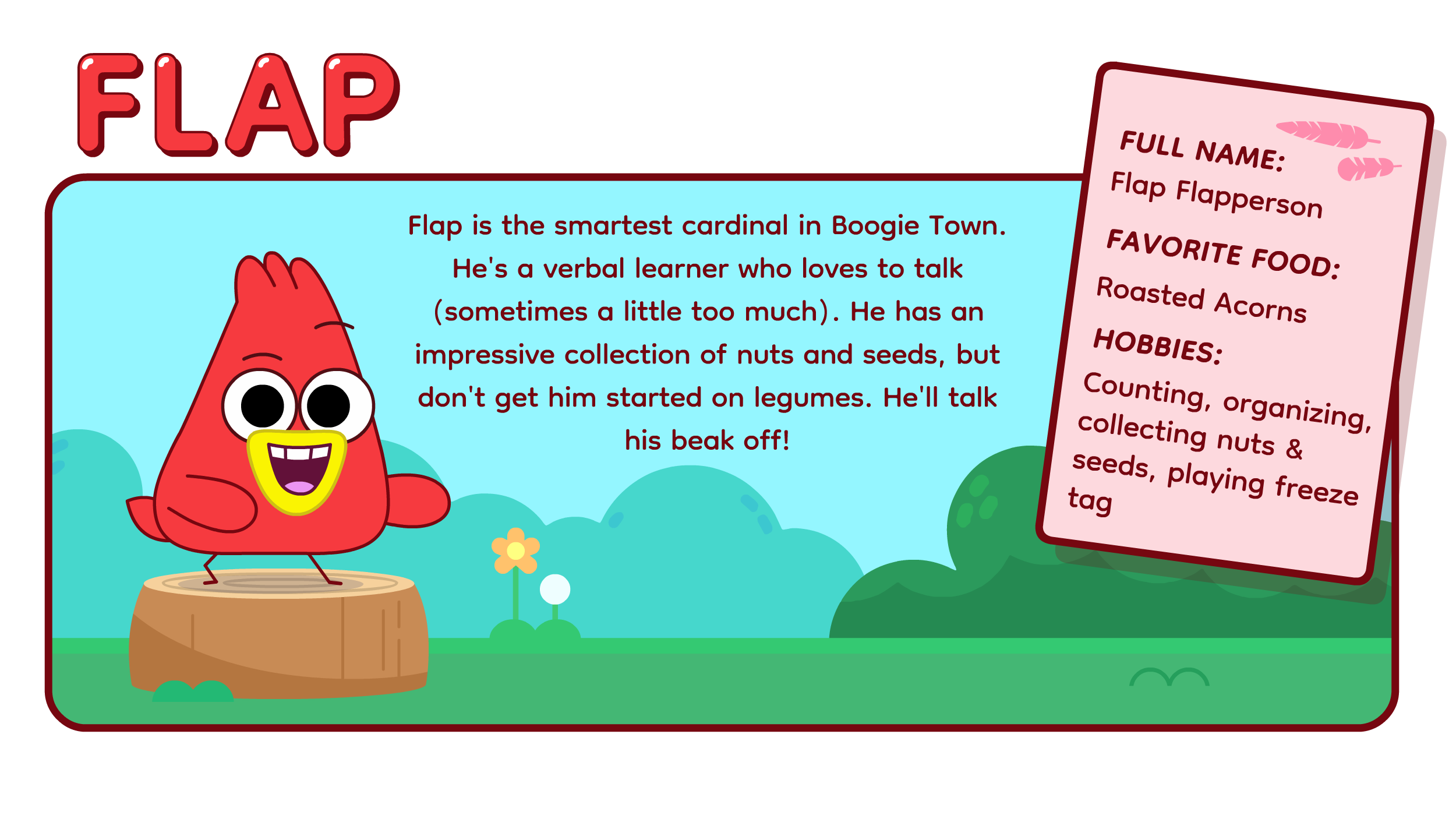 Colorful educational card featuring Flap Flapperson, a red cartoon bird with big eyes and a yellow beak, standing on a tree stump against a background of green bushes and a blue sky. The card includes a description of Flap Flapperson, his favorite food, hobbies, and a pink information box with details about him.