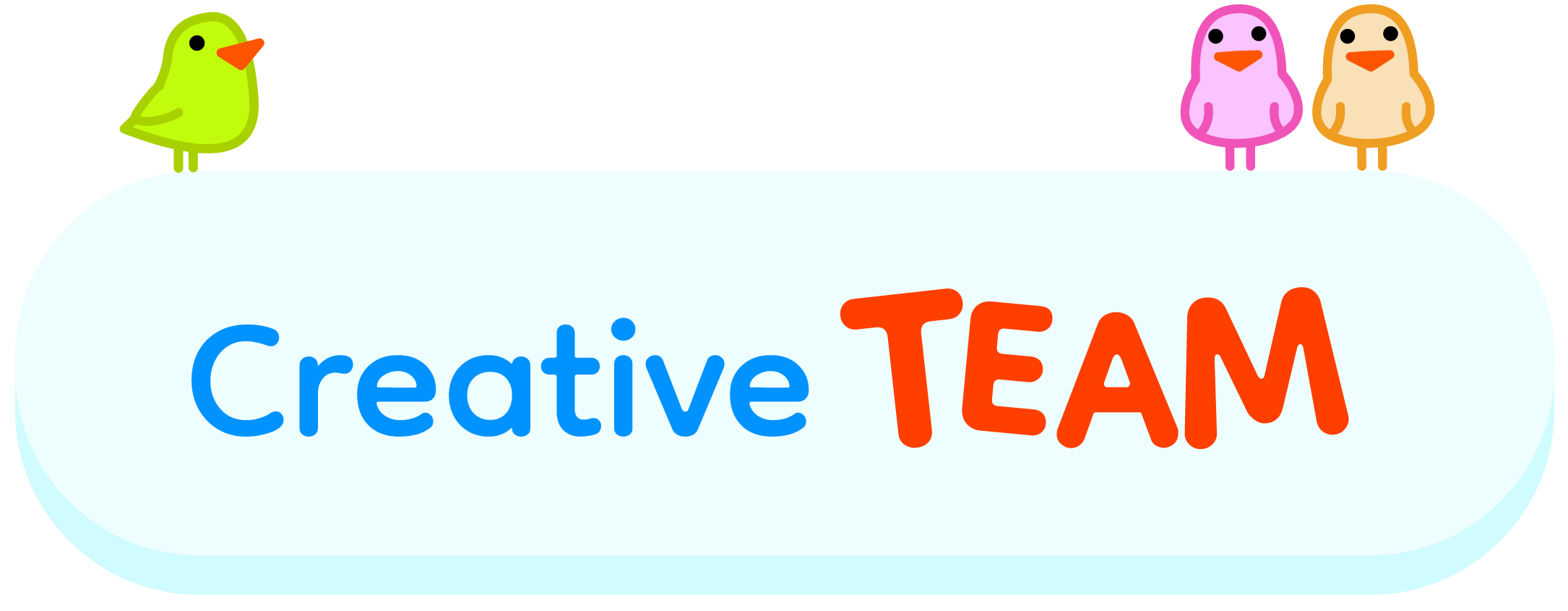 Illustration of a team logo with the words "Creative TEAM" inside a rounded light blue shape, featuring a green bird on the left and two pink and orange birds on the right.