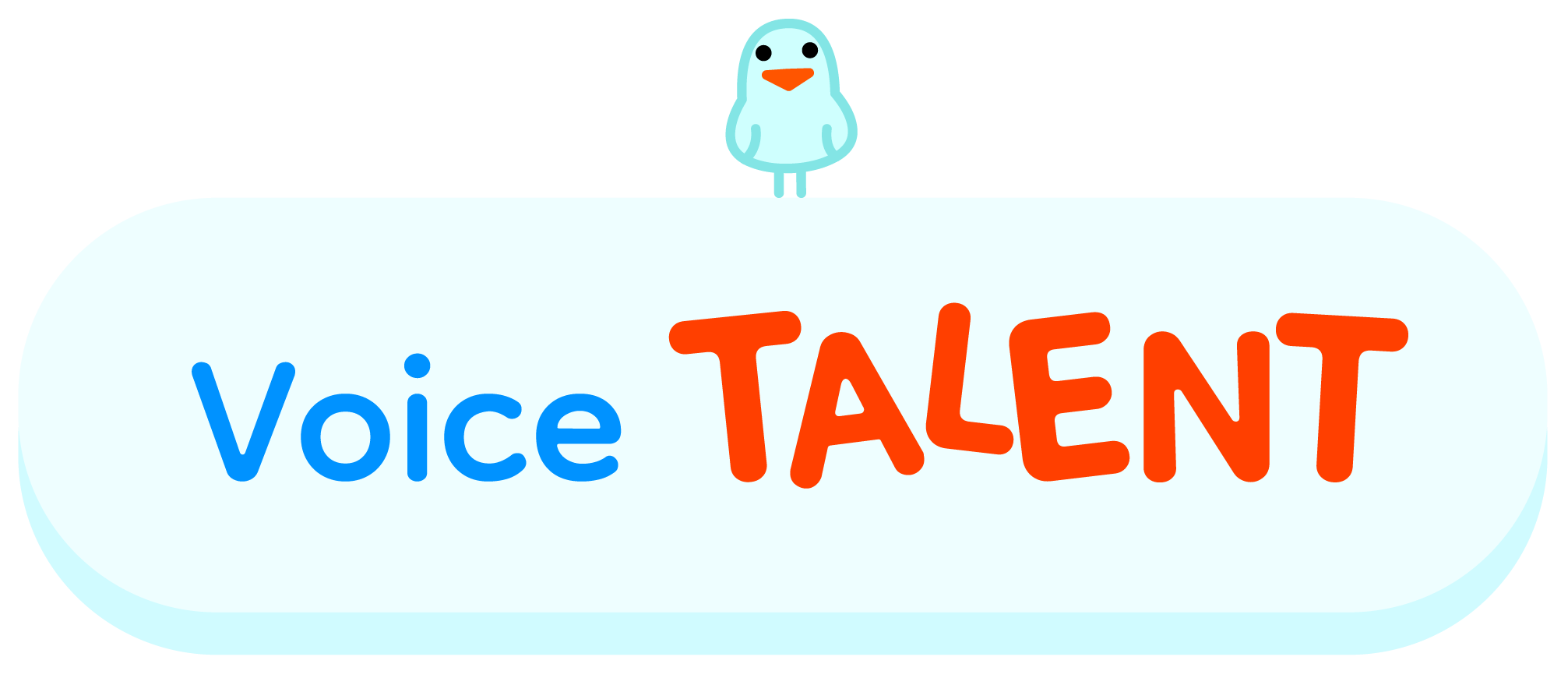 Logo with the words 'Voice Talent' in blue and red, featuring a small bird character at the top of the logo.