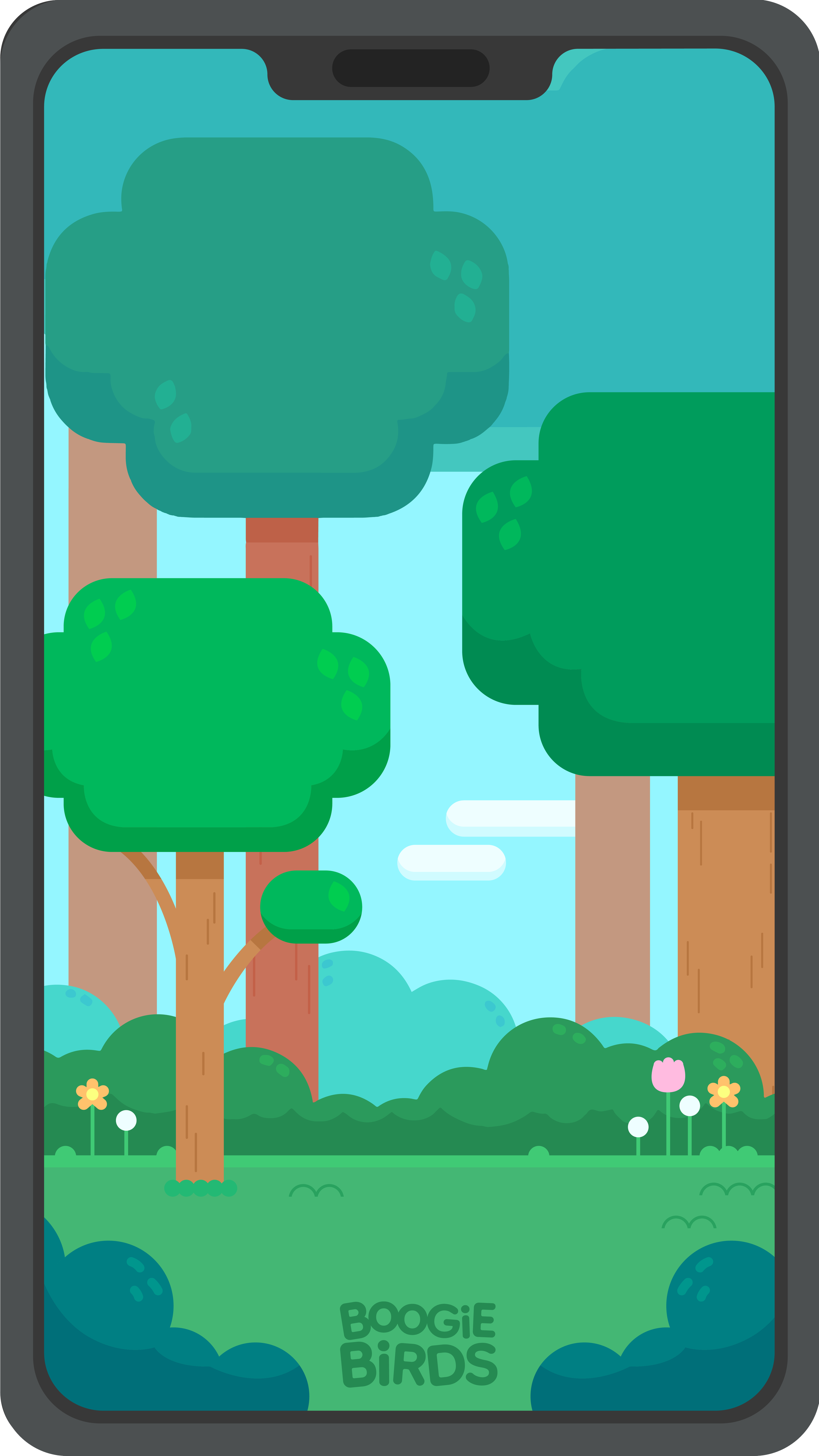 Digital illustration of a smartphone screen displaying a colorful, cartoon-style outdoor scene with trees, bushes, flowers, and a blue sky, titled "Boogie Birds."