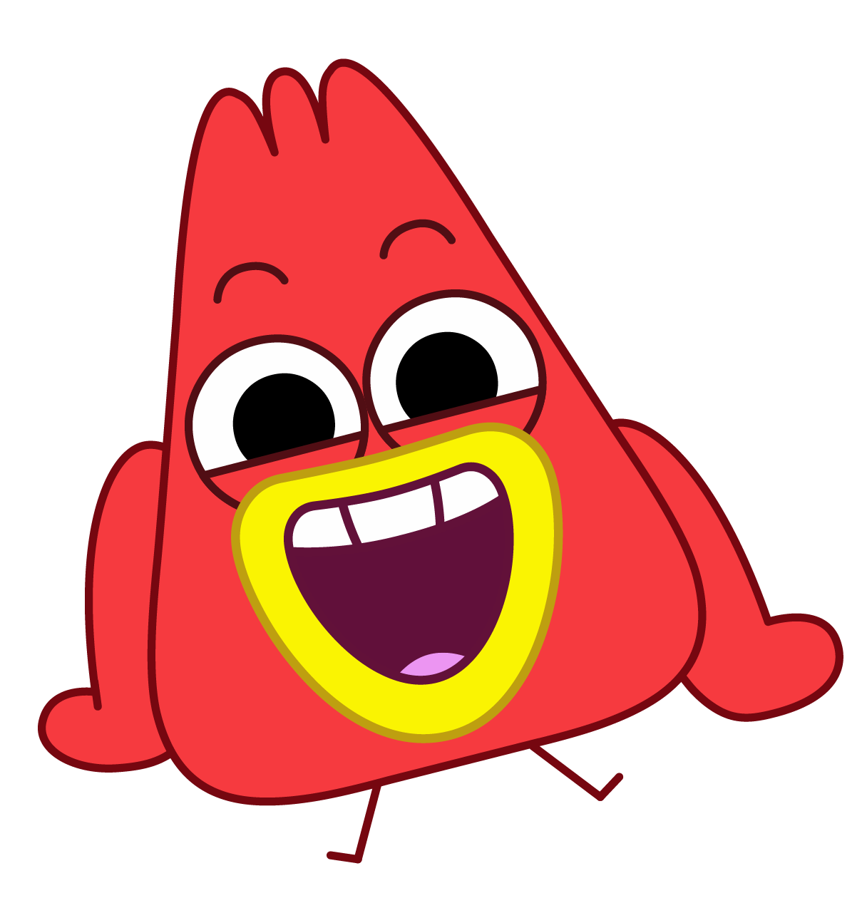 Flap the Boogie Bird Cartoon character of a red, triangular-shaped creature with large expressive eyes, a wide open mouth showing teeth, and yellow around its mouth area, with small arms and legs, smiling cheerfully.