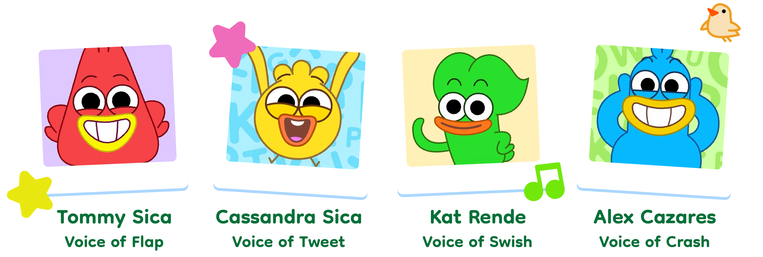 Colorful Boogie Birds cartoon characters with their names and voice roles below each picture, arranged in a row. The characters are Tommy Sica, Cassandra Sica, Kat Rende, and Alex Cazares, each with distinct colors and expressions.