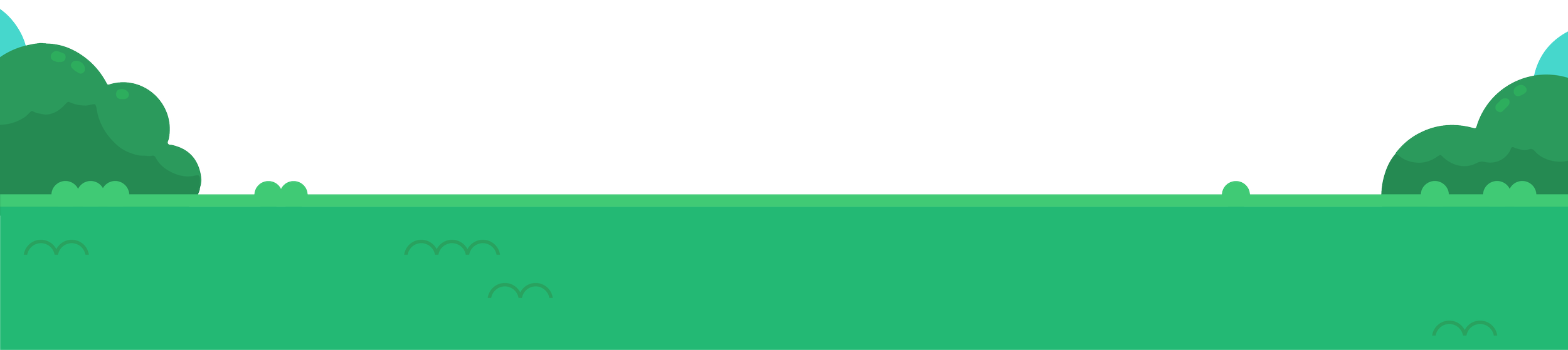 A flat, minimalist illustration of a lush green landscape with bushes and grass, under a clear sky.