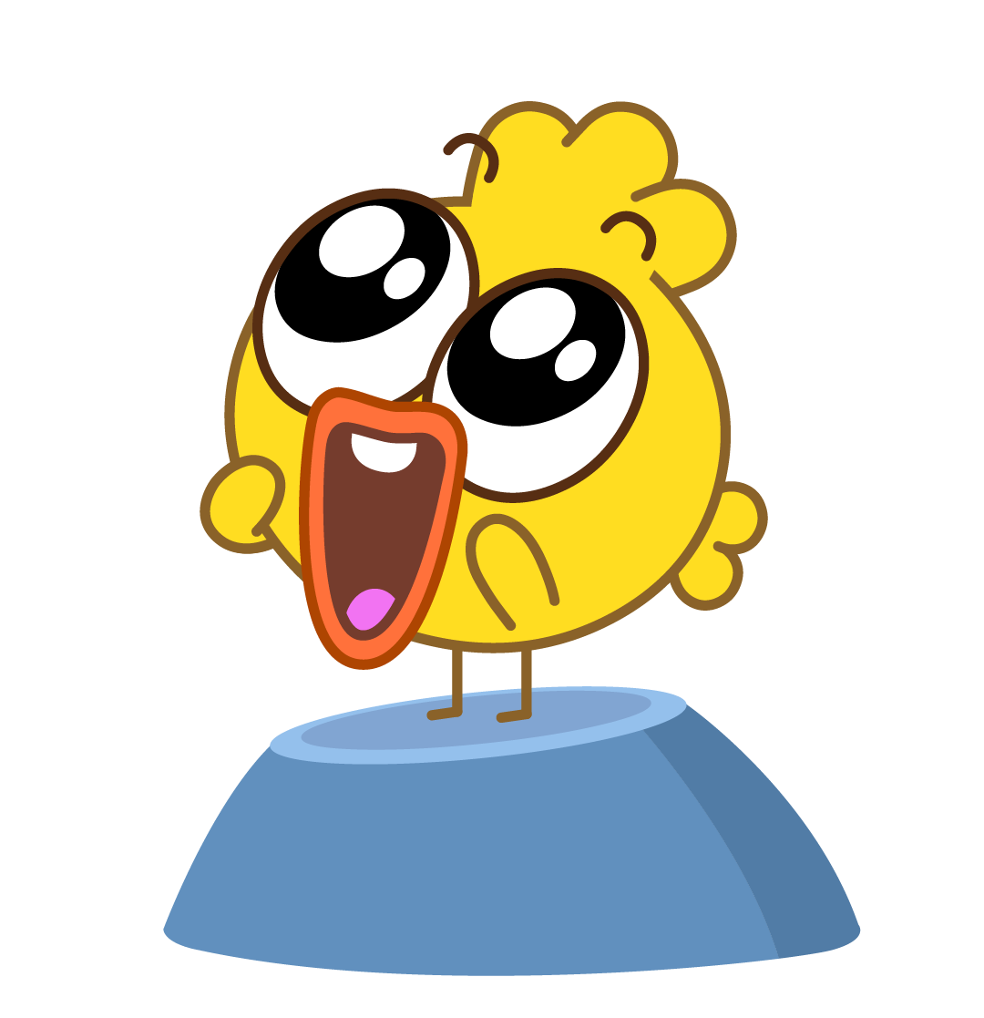 Tweet the Boogie Bird, excited and standing on a gray platform.