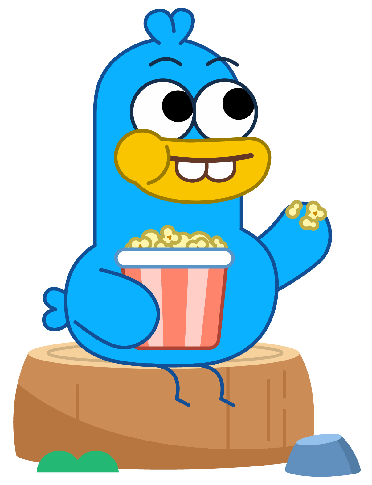 Crash the Boogie BIrd eating popcorn from a striped bucket, sitting on a tree stump.