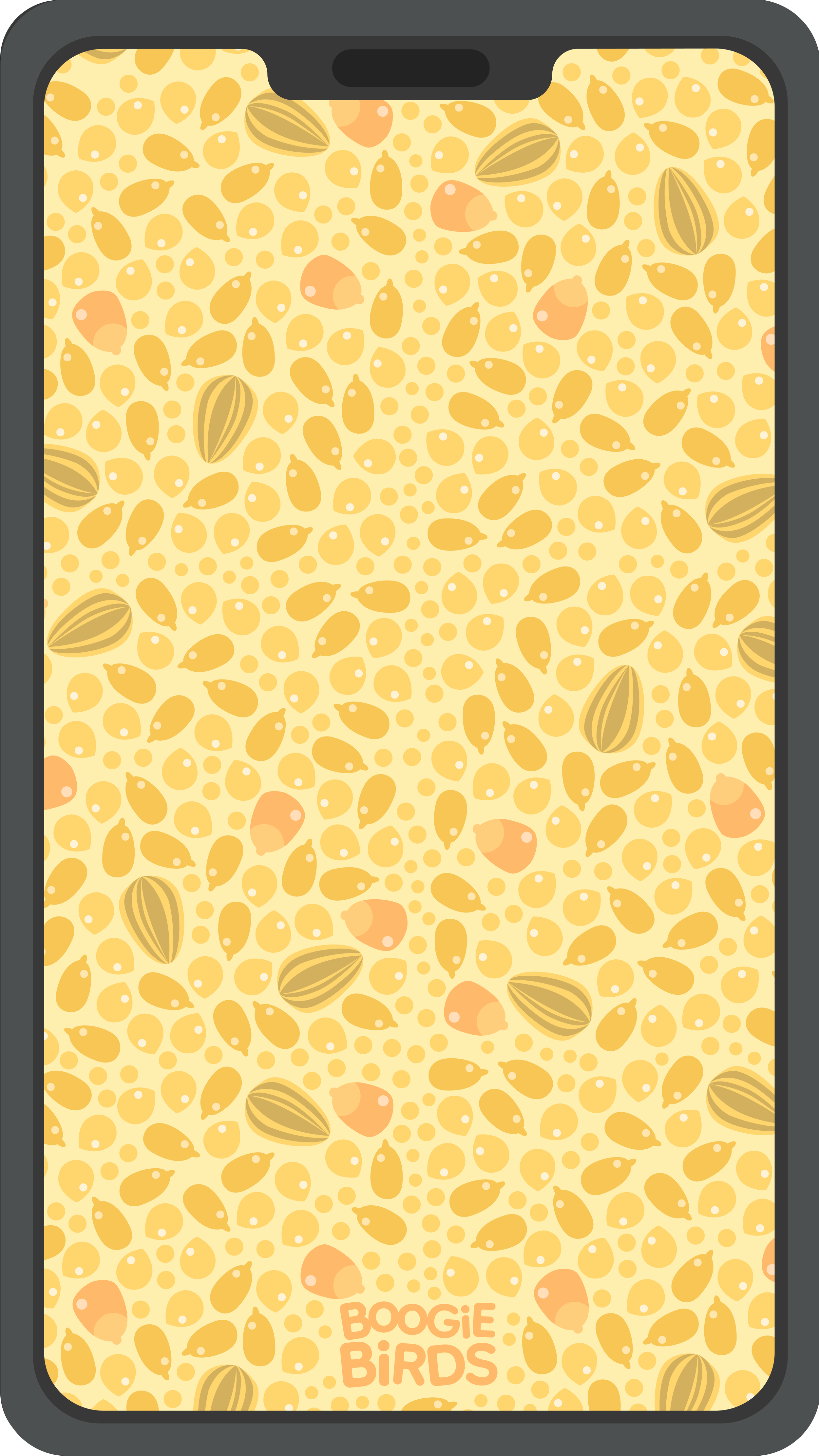 A smartphone with a yellow background pattern resembling birdseed, featuring the text 'BOOGIE BIRDS' at the bottom.