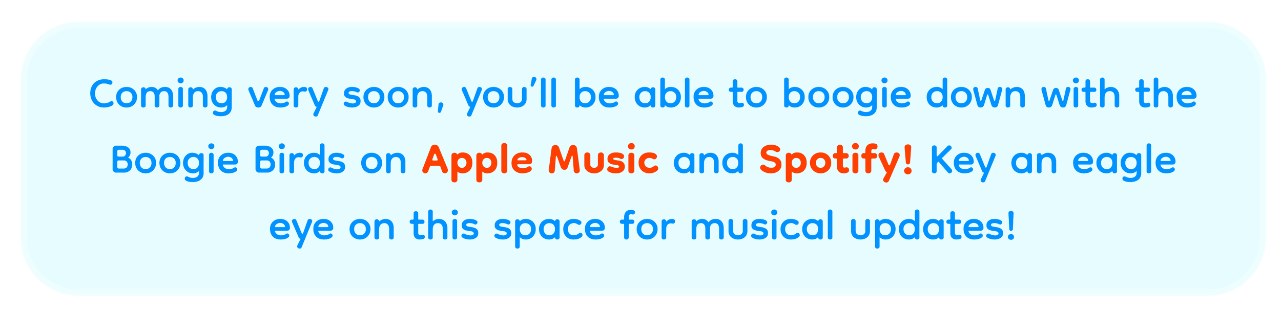 Announcement about upcoming musical releases on Apple Music and Spotify, featuring the Boogie Birds, with a focus on a space-themed update.