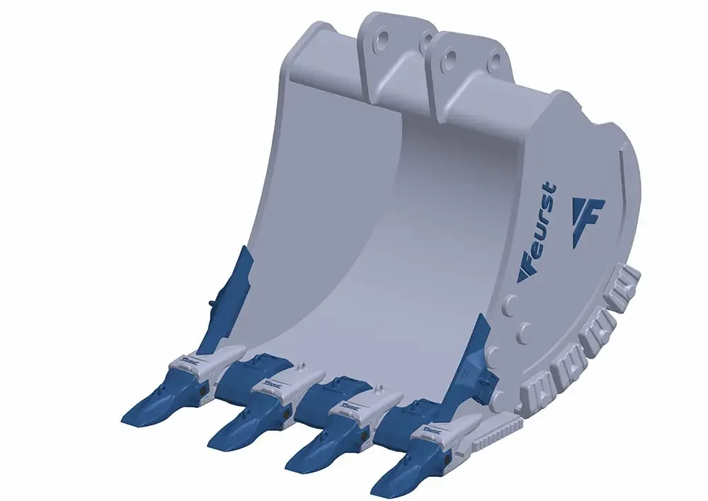 Kuvassa kaivukoneen kauha, joka on valkoinen ja sinisillä leikkureilla. Päällä on logot 'Feurse' ja 'VF'.