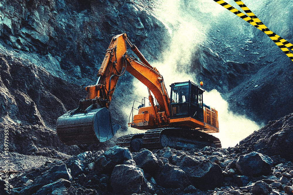 Kaivinkone louhivalla työmaalla kallion ja kivien keskellä, taustalla vaahtoa ja vettä