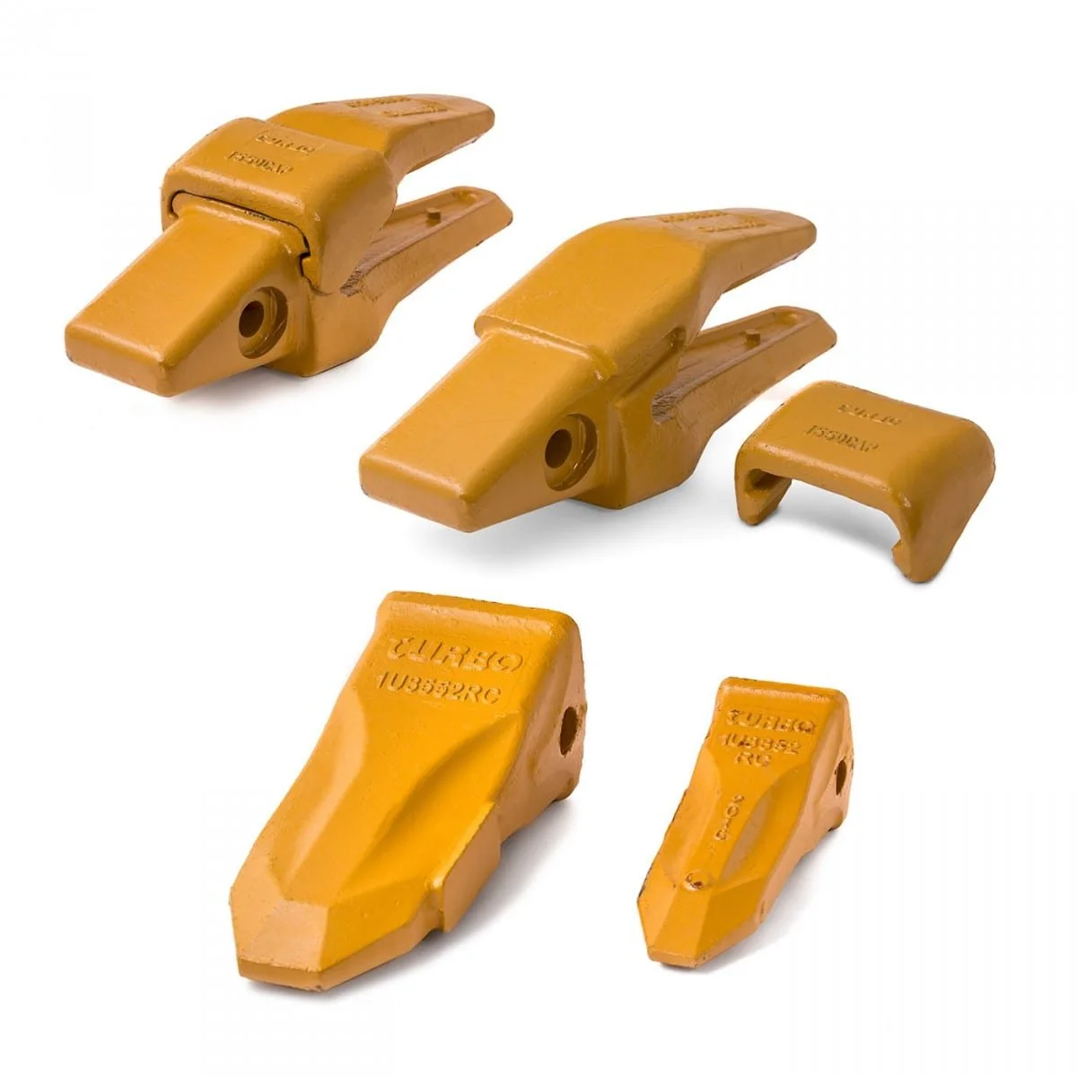 Kuvassa on viisi keltaista teleskooppilevykierrettä, jotka ovat osa kaivinkoneen kauhan kiristys- ja irrotusjärjestelmää.