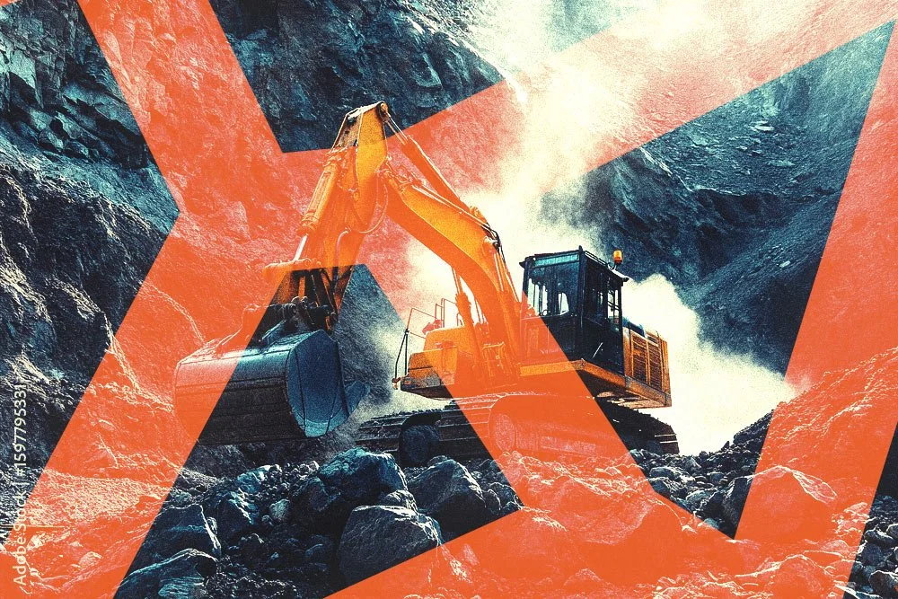 Kaivinkone toimii louhoksessa, mutta kuva on päällystetty punaisella ristillä, mikä tarkoittaa varoitusta tai kieltoa.