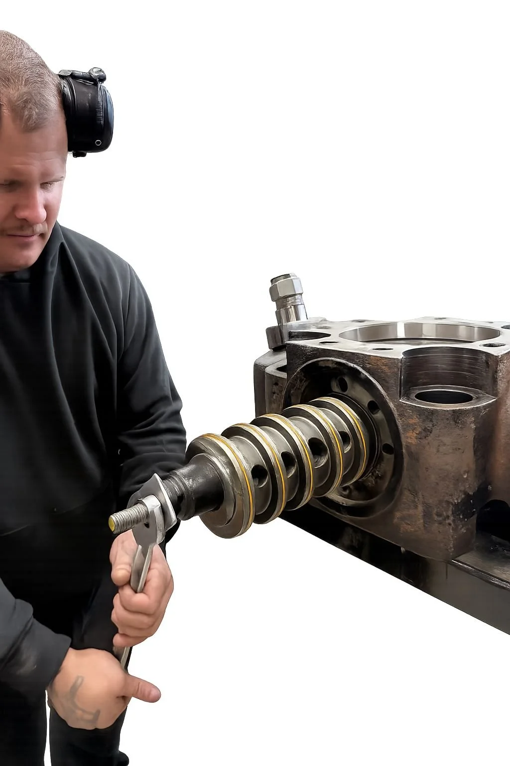 Mies tarkastelee moottorin venttiilikonetta, joka on osittain irrotettuna.