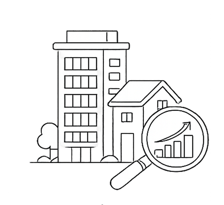 Illustration of a tall building and a small house, with a magnifying glass showing a bar graph with an upward trend, symbolizing growth or analysis.