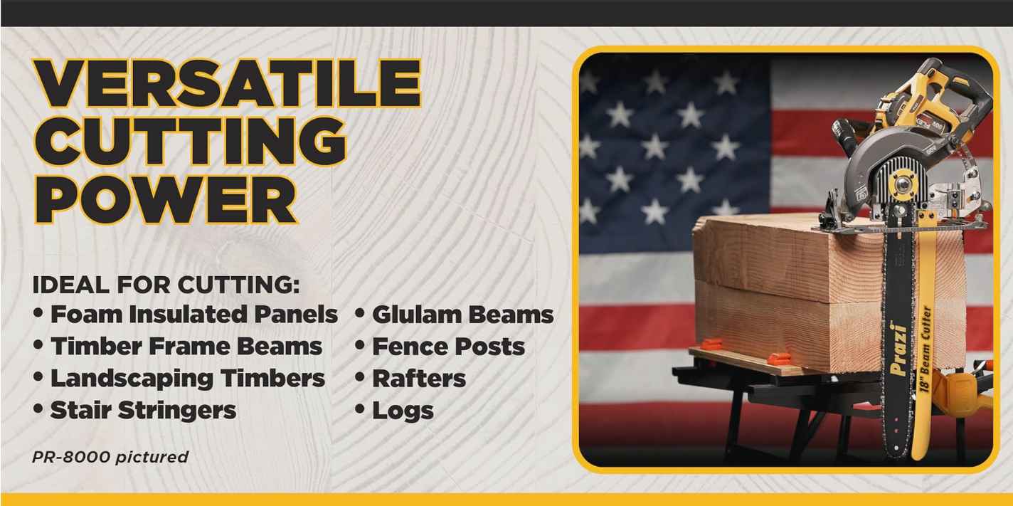 An image of a handsaw cutting a large piece of wood with an American flag in the background. The saw is yellow and black, with the brand name "Prazi" on it.