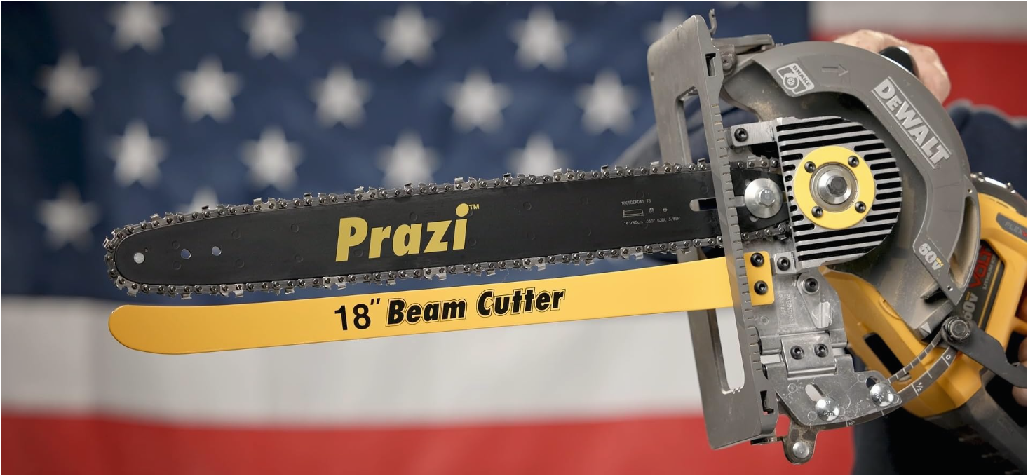 A close-up of a chainsaw with an American flag background, showing the brand 'Prazi,' a black guide bar, and yellow blade labeled '18'' Beam Cutter.'