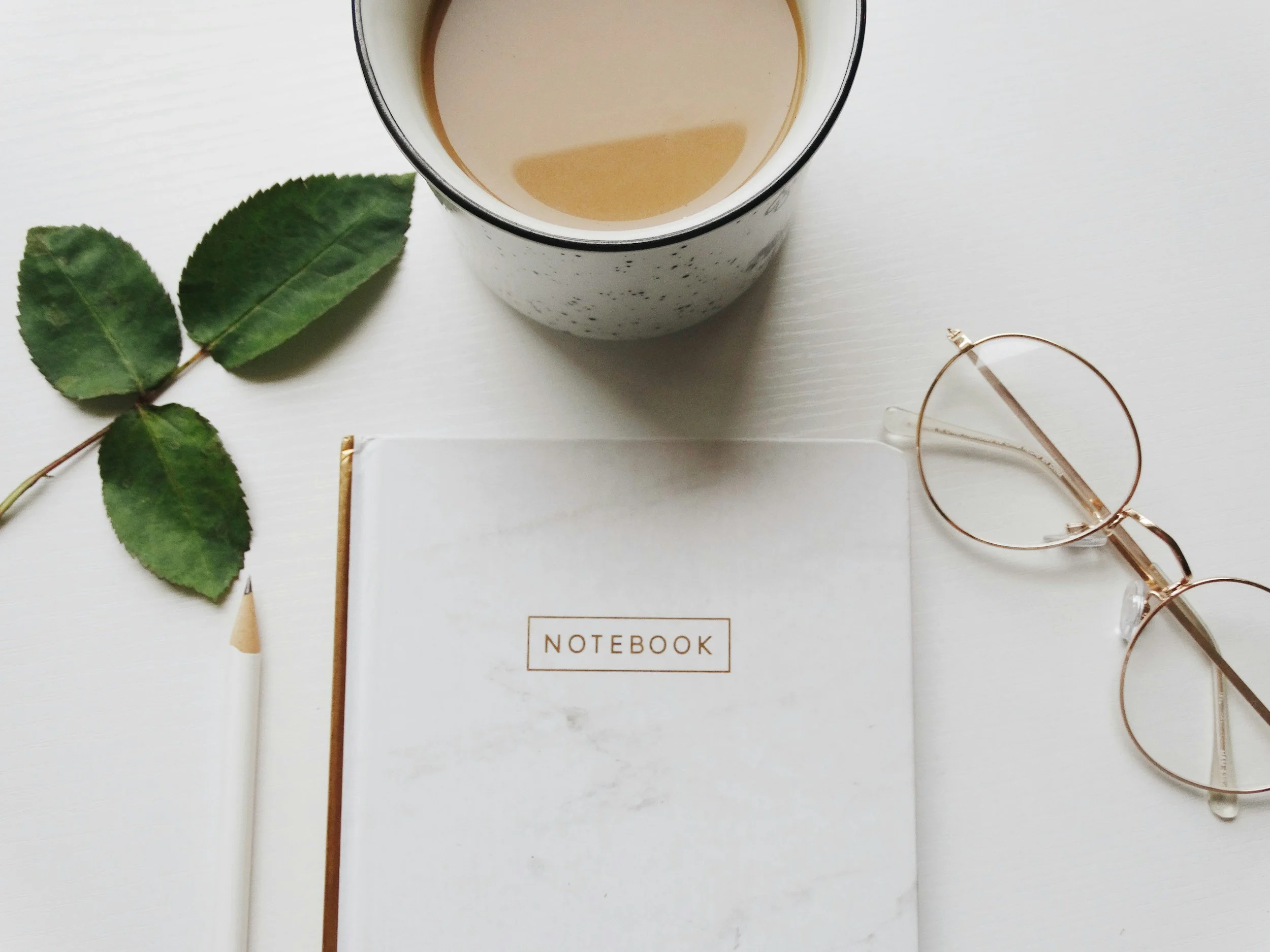 A flat lay of a white notebook with 'NOTEBOOK' written on the cover, a pair of round eyeglasses, a patterned mug with coffee, a white pencil, and a green leafy branch on a white surface.