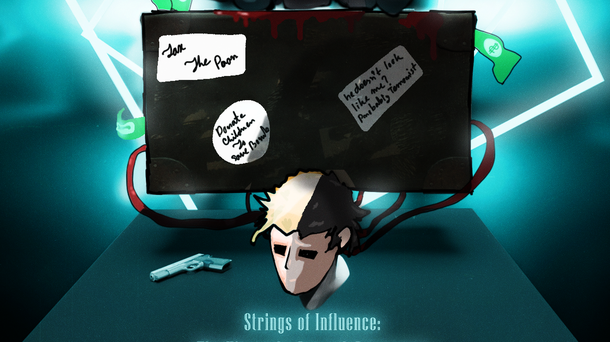 Digital illustration titled 'Strings of Influence' showing a person's head connected to a monitor with wires; the monitor has notes and a handgun on the table below.