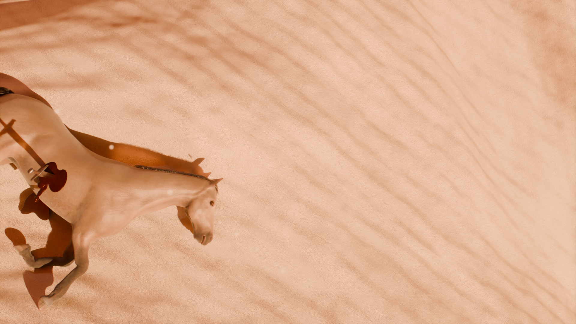 A toy horse model on a sandy surface with shadows and textured patterns.