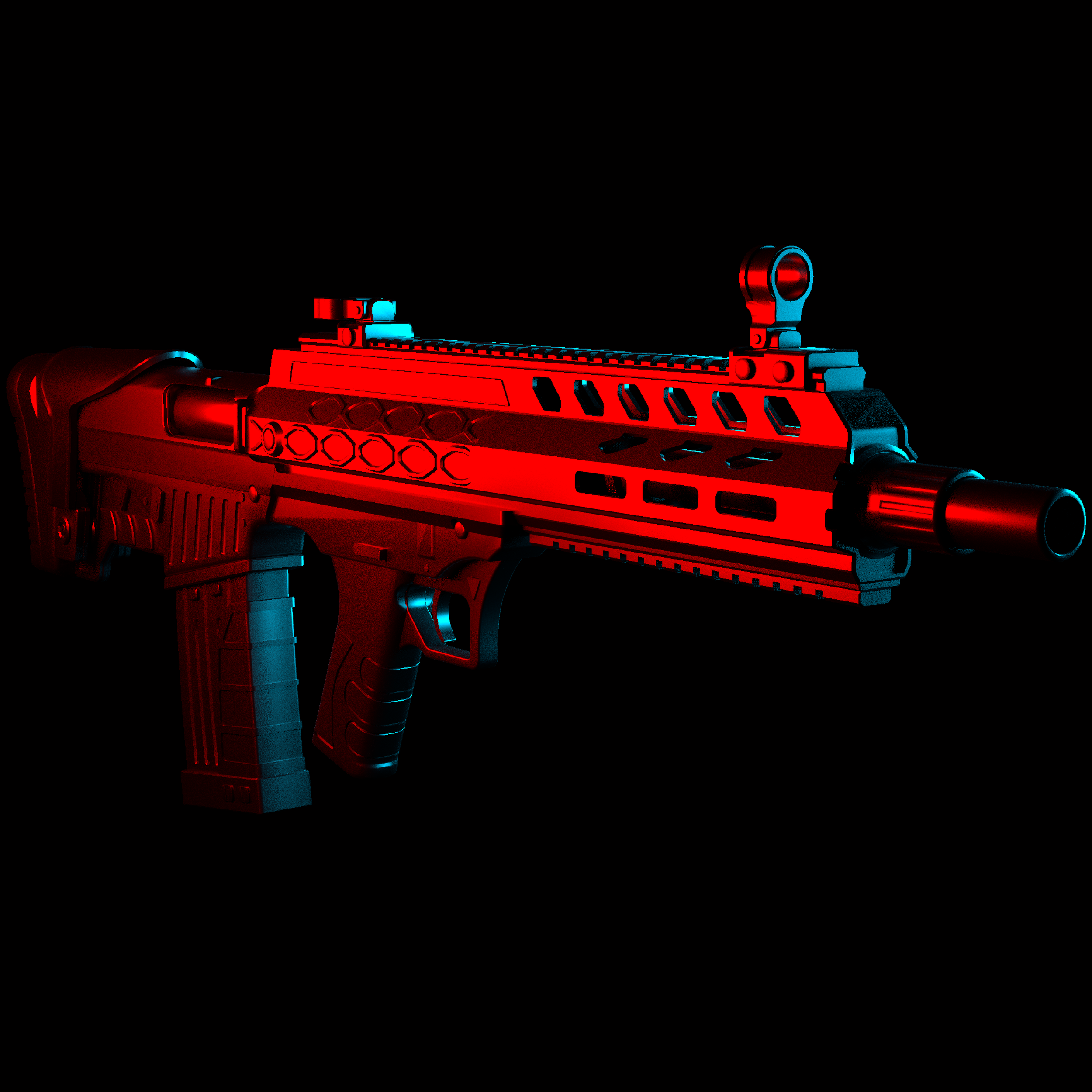 A futuristic firearm with a red and black color scheme, shown against a black background.