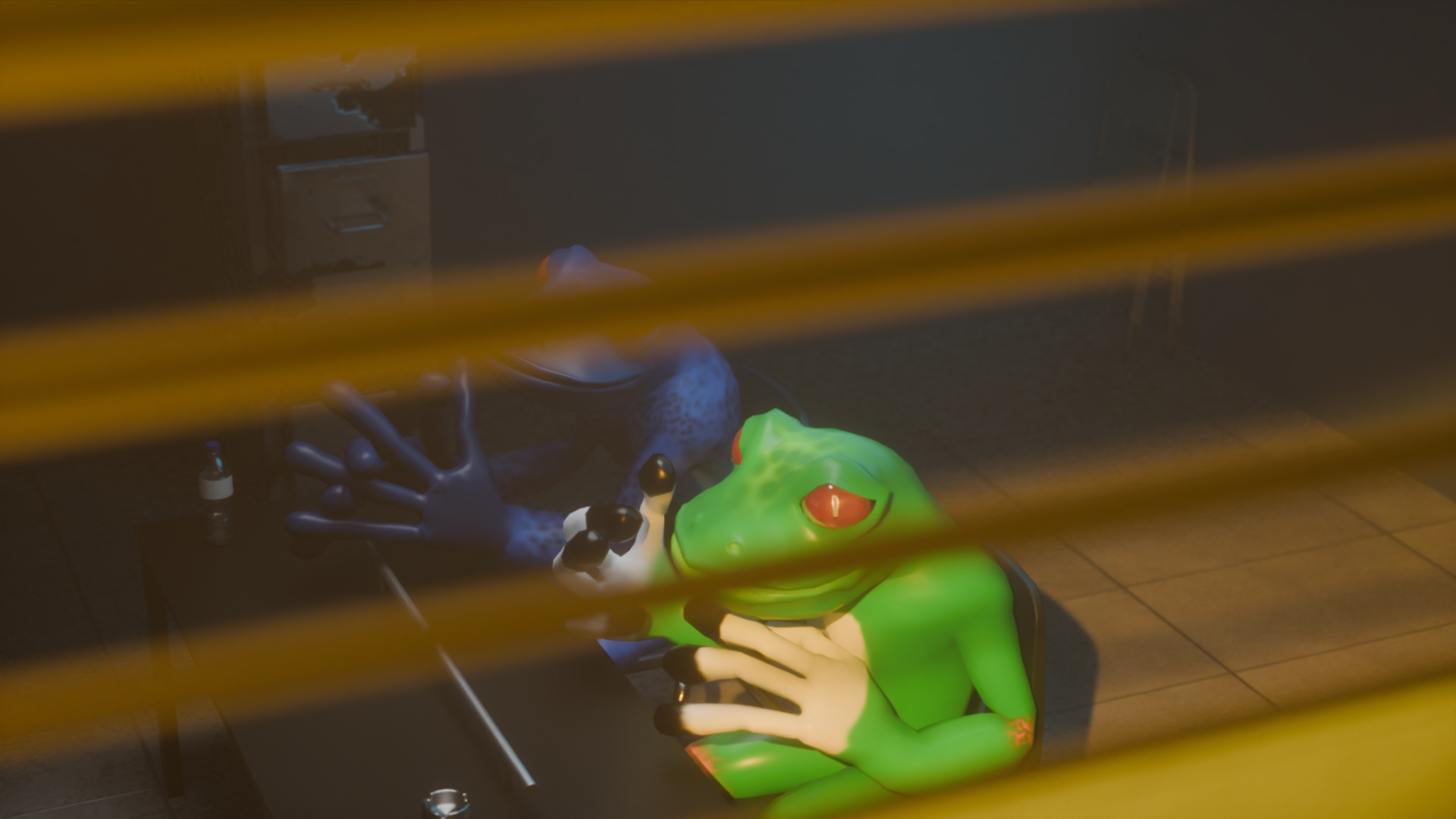 A person with a frog mask and a creature plush toy sitting at a desk with a phone, viewed through window blinds.