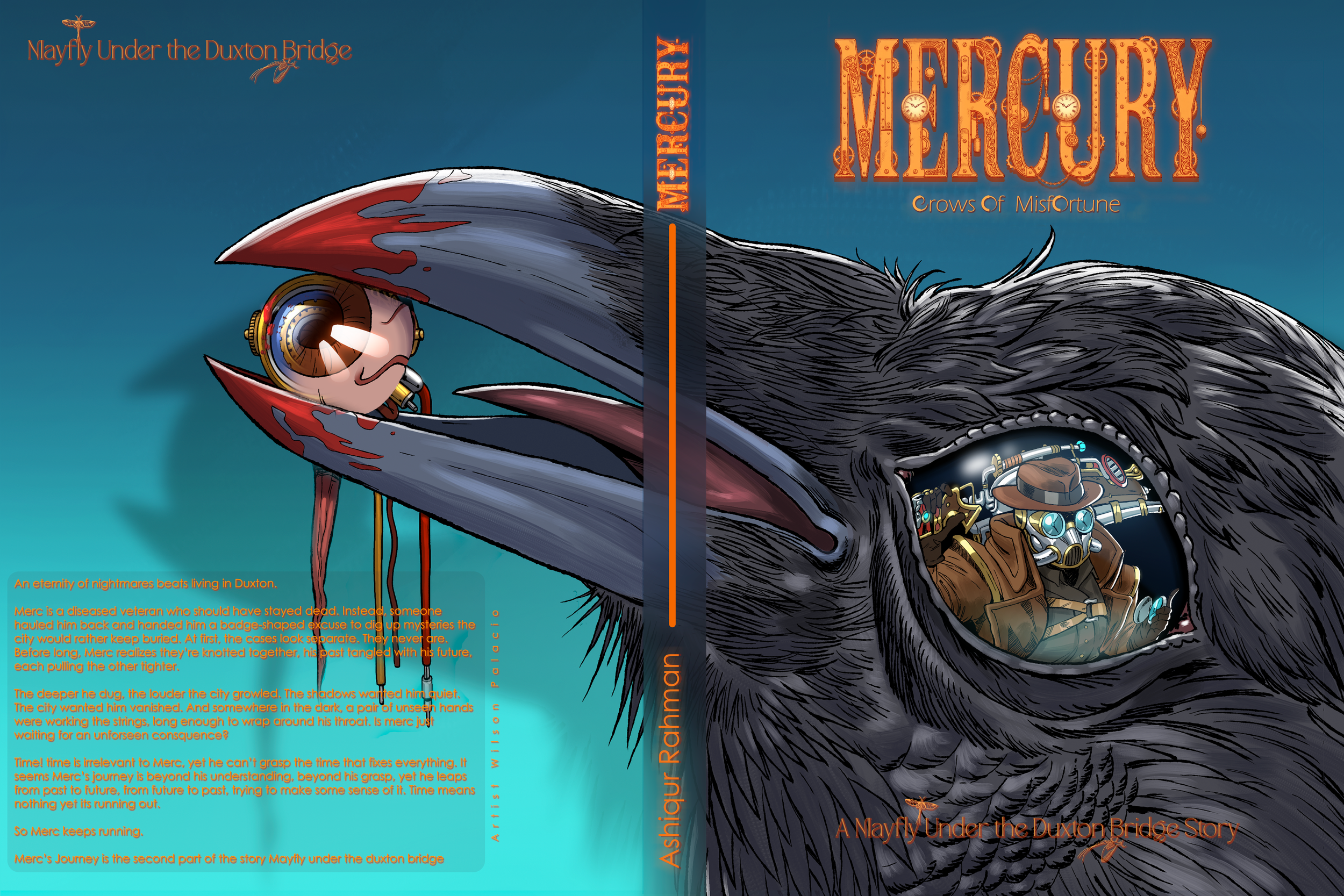 Book cover titled 'Mercury: Crows of Misfortune' featuring a large black crow with a human-like robot inside its open eye, and a small character with goggles and a hat inside the crow's beak, set against a blue background with orange text.