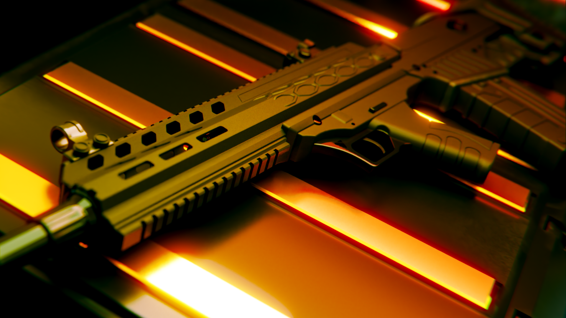 A futuristic firearm or sci-fi weapon with glowing orange and yellow accents, set against a dark background with illuminated horizontal lines.