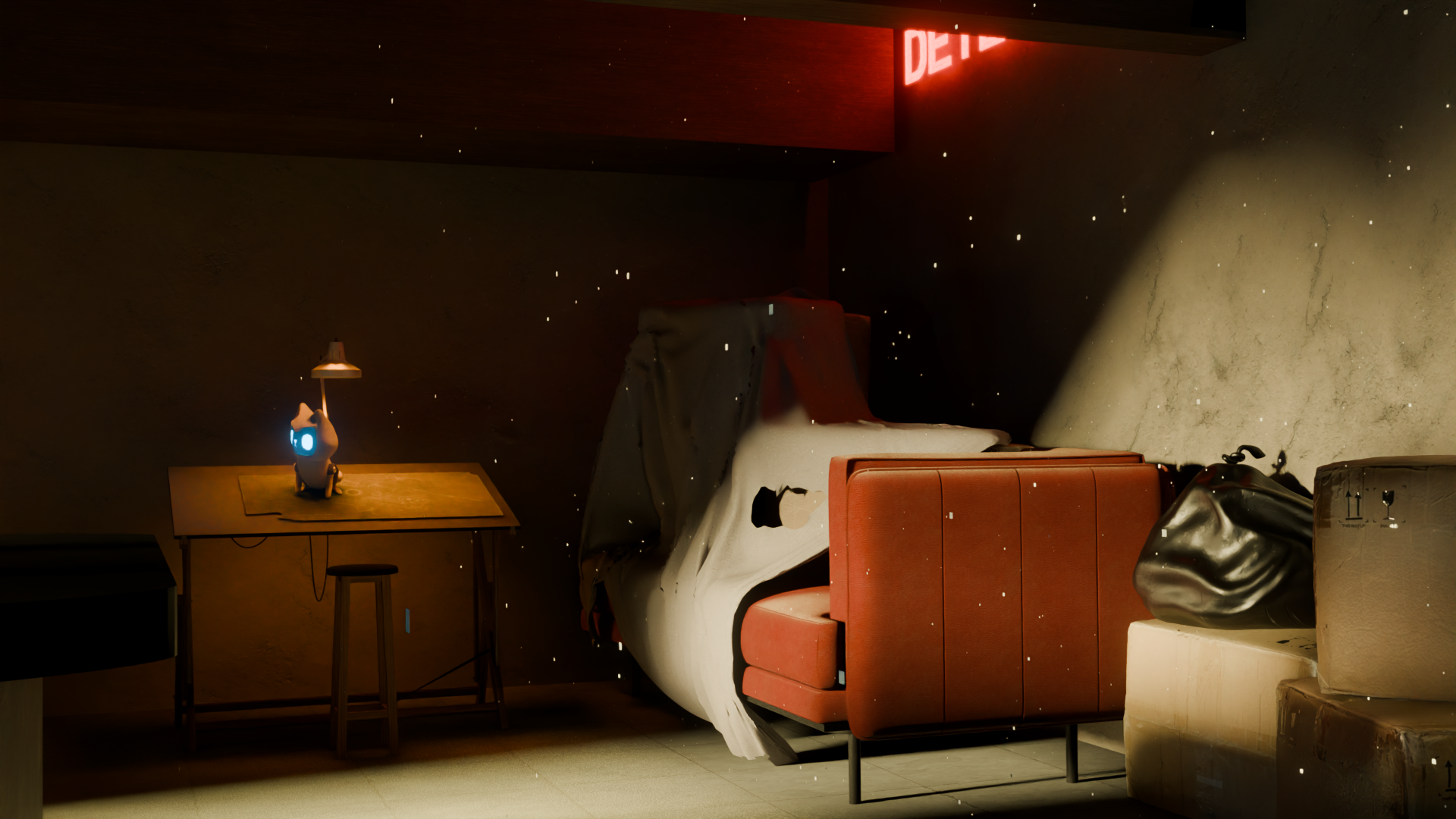 A small robot with glowing blue eyes sitting on a wooden table under a small desk lamp, next to a red couch covered with a tarp, with a black bag and cardboard boxes beside it. A neon sign is partially visible on the wall.