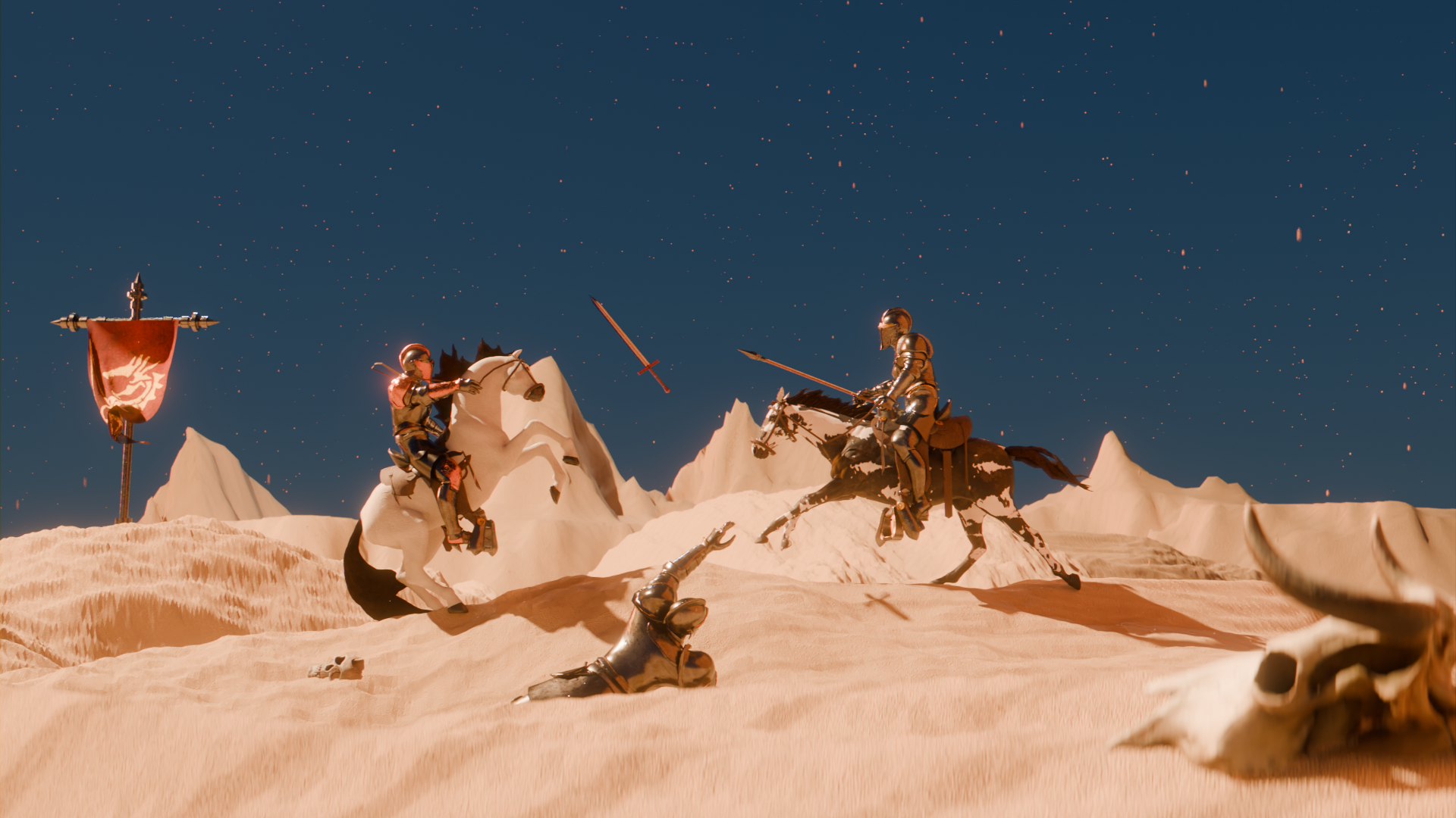 A scene from a fantasy desert battle with armored knights on horseback fighting with swords and lances, set against a starry night sky with mountains and skulls on the sand.