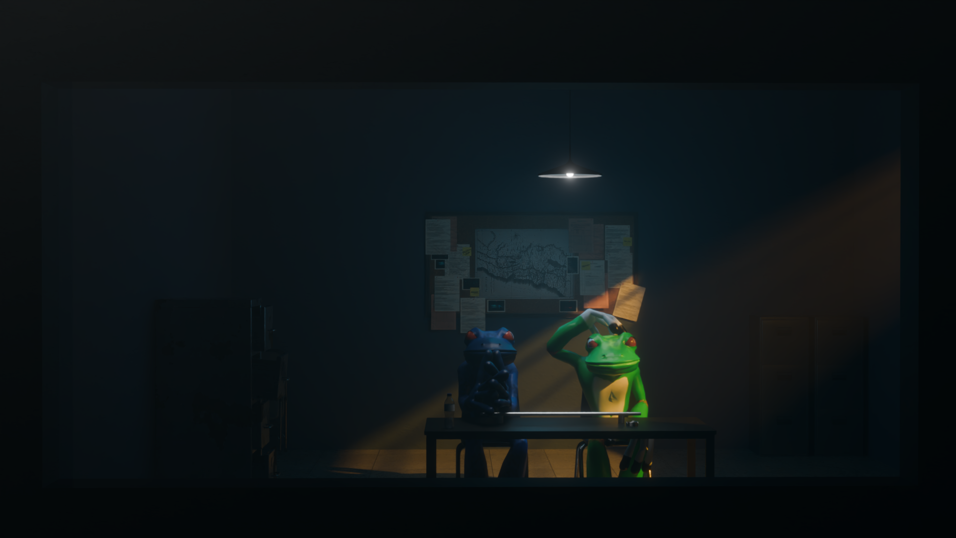 Two animated frog characters sitting at a table in a dimly lit office, with one raising its hand to its head, and a bottle on the table. A bulletin board with notes and a map is on the wall behind them.