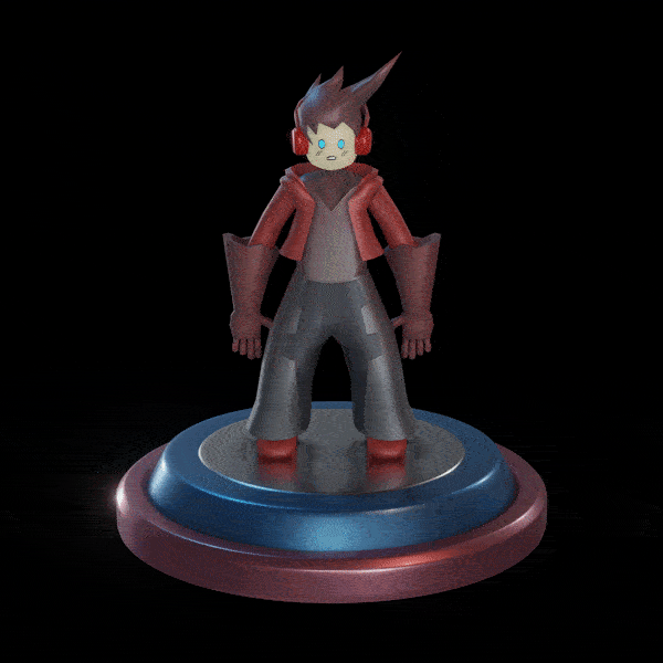 3D figurine of a character with spiky hair, red jacket, gray pants, and headphones, standing on a round blue and gray base