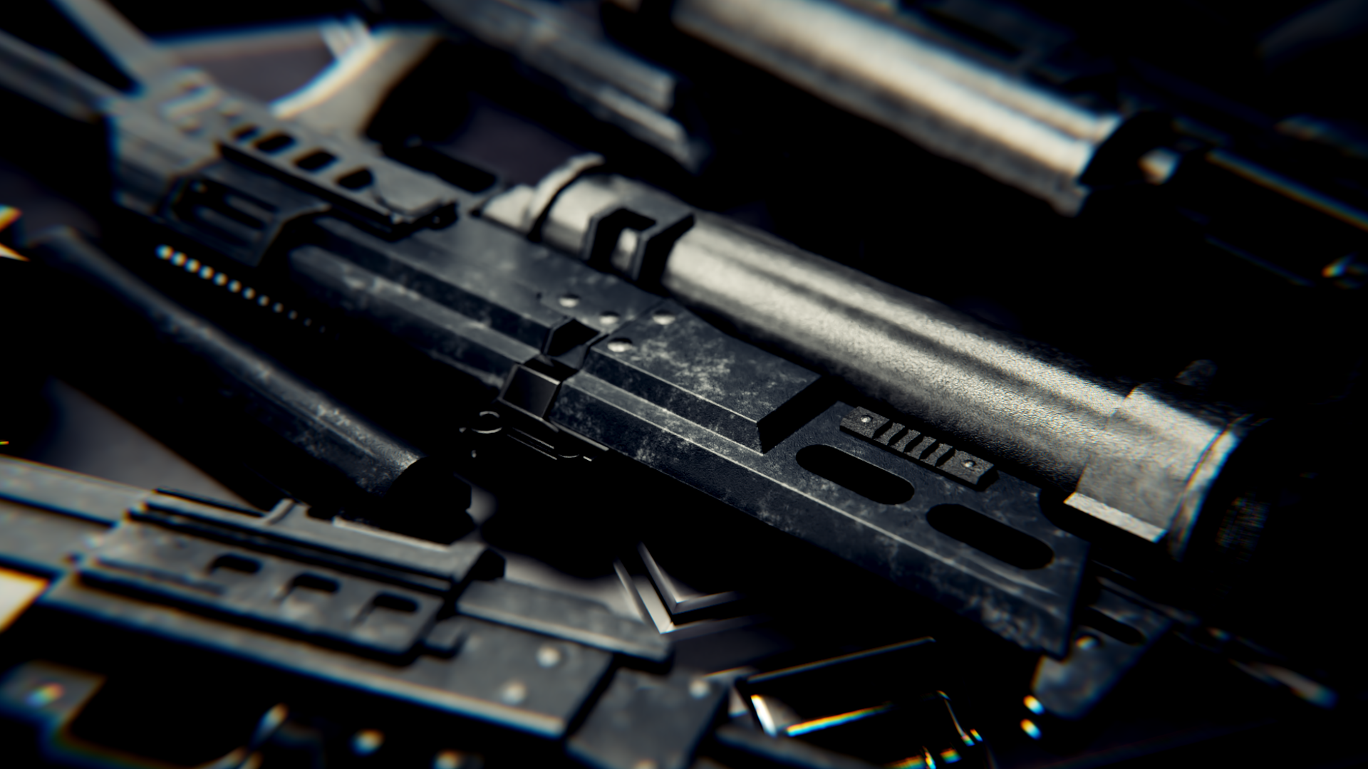 Close-up of a metallic firearm with a dark finish, showing various switches, rails, and components.