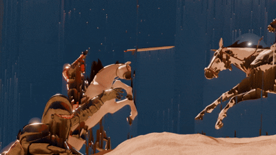 A scene from a movie or video game showing multiple human-like characters and robotic figures reaching out or aiming weapons.