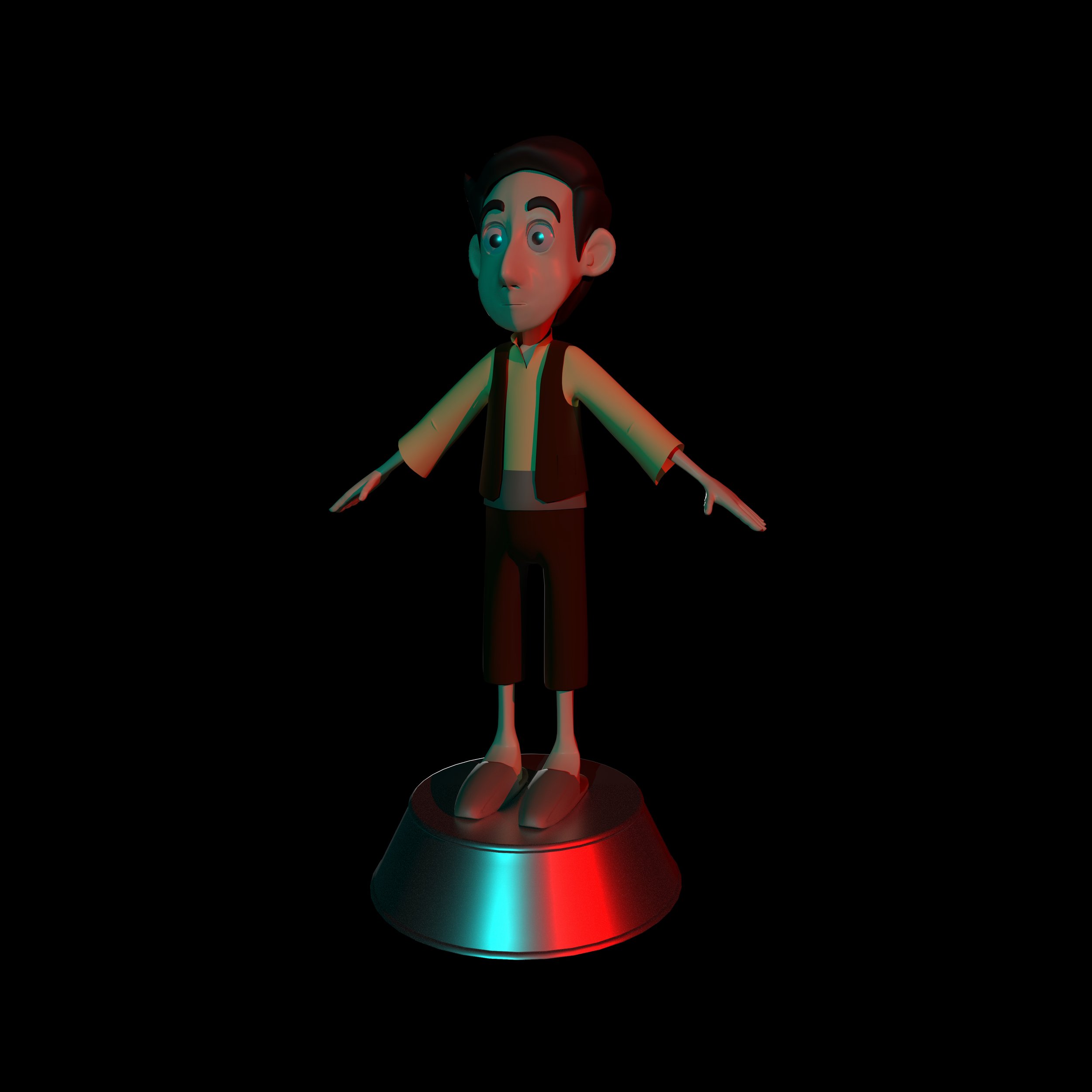 3D animated character with dark hair, wearing a beige shirt, dark vest, and dark pants, standing with arms outstretched on a metallic platform against a black background.