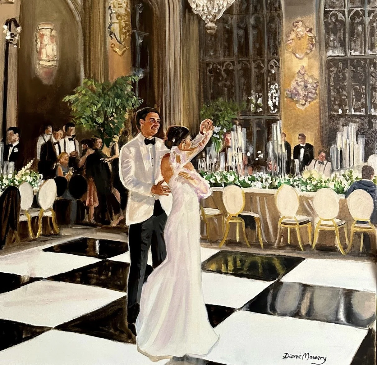 Live wedding painting of a couple's first dance in Austin, TX. It shows a luxrious ballroom. 