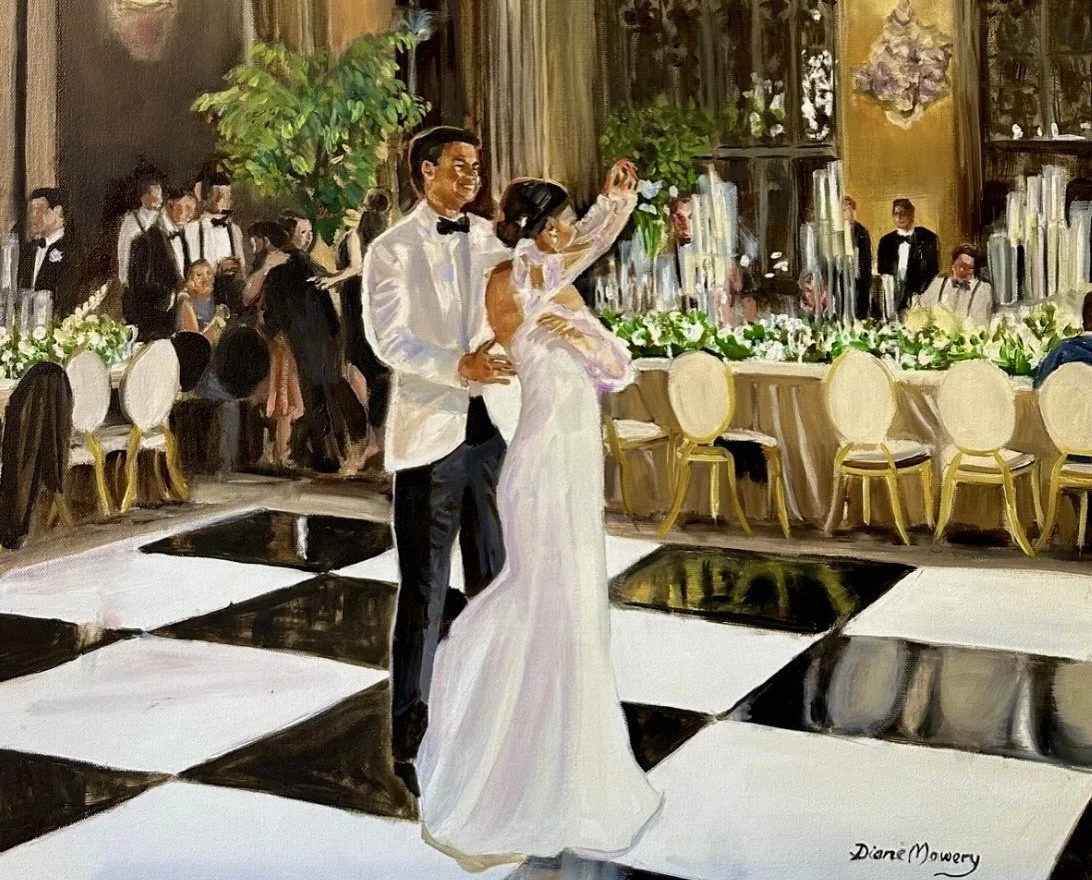 A painted scene of a wedding reception showing a bride and groom dancing on a black and white checkered dance floor. The groom wears a white tuxedo with a black bowtie, and the bride wears a white gown. Guests are seated at a long table decorated with green and white floral arrangements in a luxurious ballroom.