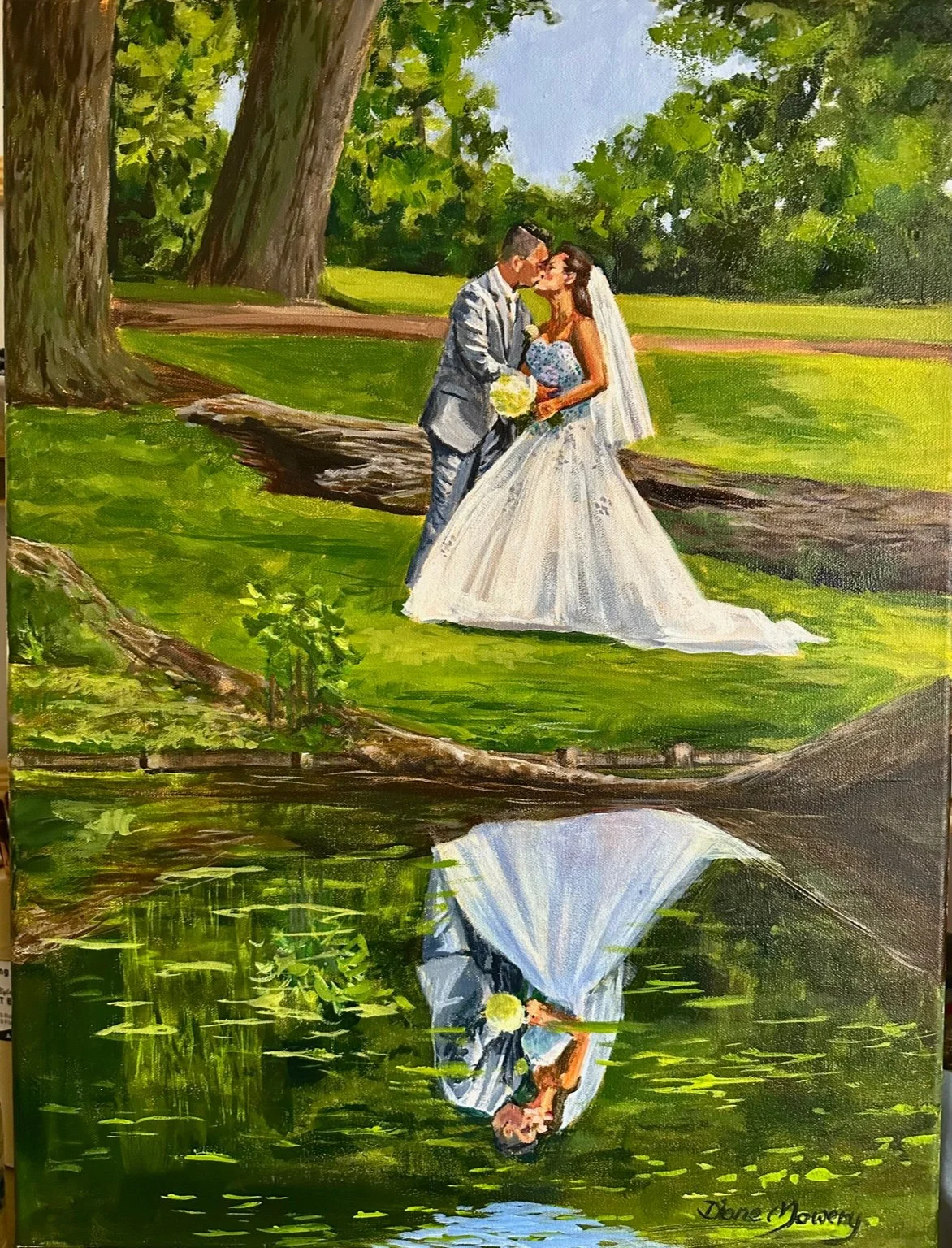 A couple's first kiss hand painted wedding portrait with beautiful landscape in Central Texas.