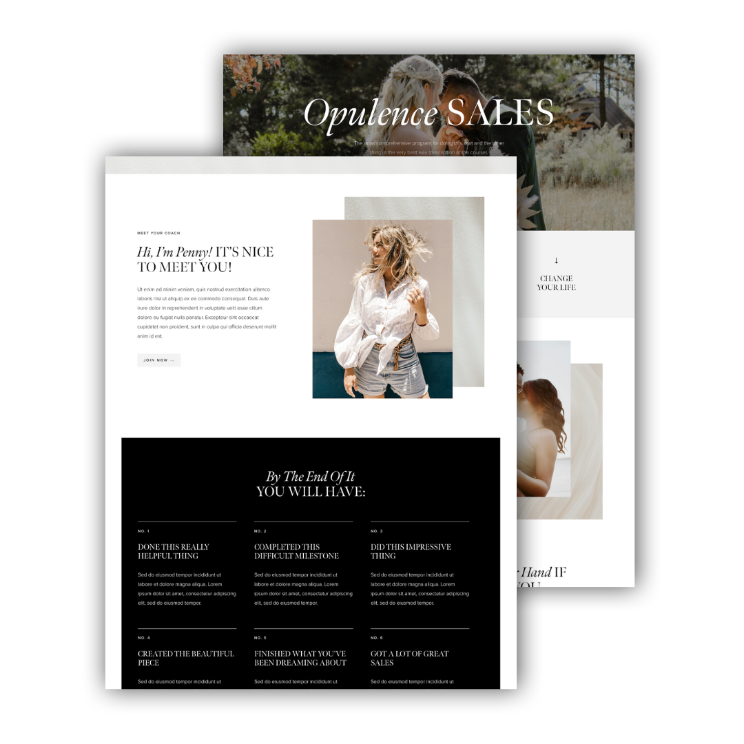 Overlapping fashion website pages with images of women and promotional text for sales and coaching.